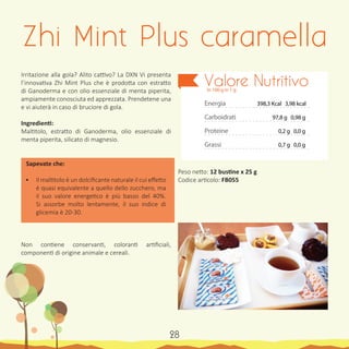 Irritazione alla gola? Alito cattivo? La DXN Vi presenta
l’innovativa Zhi Mint Plus che è prodotta con estratto
di Ganoderma e con olio essenziale di menta piperita,
ampiamente conosciuta ed apprezzata. Prendetene una
e vi aiuterà in caso di bruciore di gola.
Ingredienti:
Maltitolo, estratto di Ganoderma, olio essenziale di
menta piperita, silicato di magnesio.
Sapevate che:
•	 Il maltitolo è un dolcificante naturale il cui effetto
è quasi equivalente a quello dello zucchero, ma
il suo valore energetico è più basso del 40%.
Si assorbe molto lentamente, il suo indice di
glicemia è 20-30.
Non contiene conservanti, coloranti artificiali,
componenti di origine animale e cereali.
Peso netto: 12 bustine x 25 g
Codice articolo: FB055
Zhi Mint Plus caramella
Energia
Carboidrati
Proteine
Grassi
Valore Nutritivoin 100 g in 1 g
398,3 Kcal 3,98 kcal
97,8 g 0,98 g
0,7 g 0,0 g
0,2 g 0,0 g
28
 