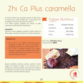 Zhi Ca Plus DXN è una caramella al gusto di caffè, pieno
di aroma che è stato studiato per i consumatori che
vorrebbero limitare l’assunzione di zucchero.
È di ottima qualità, prodotto dai chicchi di caffè
selezionati e dall’estratto di Ganoderma.
Ingredienti:
Zucchero, panna vegetale, estratto di caffè, polvere di
latte magro, estratto di Ganoderma, silicato di magnesio.
Sapevate che:
•	 Zhi Ca Plus ha un effetto rinfrescante grazie
all’estratto di caffè. Per chi non ha tempo o
possibilità di prendere un caffè, gustatene una!
•	 Zhi Ca Plus è prodotta secondo una ricetta
originale, è caratterizzata dall’effetto dell’estratto
del caffè e dell’estratto di Ganoderma in un’unica
caramella dal gusto esotico.
Questo prodotto contiene zucchero, polvere di latte
magro ed estratto di caffè. Il suo consumo non è
indicato per malati di diabete, per coloro che soffrono
di intolleranza al lattosio e per i bambini! Non contiene
conservanti, coloranti artificiali e grano.
Peso netto: 10 bustine x 9,5 g
Codice articolo: FB060
Zhi Ca Plus caramella
Energia
Carboidrati
Proteine
Grassi
Valore Nutritivoin 100 g in 1 g
431,0 Kcal 4,31 kcal
82,0 g 0,82 g
10,2 g 0,1 g
2,9 g 0,03 g
29
 