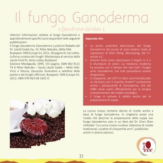 Ulteriori informazioni relative al fungo Ganoderma e
approfondimenti specifici sono disponibili nelle seguenti
pubblicazioni:
Il fungo Ganoderma (Ganoderma Lucidum) Redatto dal
Dr. Làszlò Szabò Gy., Dr. Pèter Babulka, Attila Fődi
Budapest: DXN Europe Srl, 2011, 30 pagine Dr. Jan Lelley:
La forza curativa dei funghi: Micoterapia al servizio della
salute Ford Dr. Jànos Lelley, Budapest:
Edizione Mezőgazda, 1999, 155 pagine, ISBN 963 9121
74 6 Pèter Babulka – Gyula Làszlò Szabò – Attila Fődi:
Virtù e fiducia; Opuscolo illustrativo e selettivo delle
piante e dei funghi officinali, Budapest: DXN Europe Srl,
2012; ISBN 978-963-08-1641-0.
Sapevate che:
•	 La prima autentica descrizione del fungo
Ganoderma dal punto di vista medico risale al
capolavoro di Shen Nong: Bencaojing, dal II-I.
secolo a.C.
•	 Antiche fonti cinesi descrissero il lingzhi in 5 o
6 sfumature di colori. La medicina moderna
ha provato con il tempo che non tutti i funghi
sono Ganoderma; ma tutti possiedono azione
terapeutica.
•	 In Giappone, dal 1977 è stato commercializzato
un farmaco con il marchio Krestin® contenente
anche i polisaccaridi di Ganoderma, che dal
1980 viene usato ufficialmente per la terapia
complementare dei malati oncologici.
•	 Il fungo in polvere è adatto anche per la
preparazione di zuppe.
La cucina cinese contiene decine di ricette anche a
base di fungo Ganoderma. In Ungheria esiste una
ricetta che descrive la preparazione della zuppa con
fungo Ganoderma solo in un libro del Dr. Chen Zhen
intitolato “La cucina cinese curativa: Selezione di ricette
tradizionali, curative di cinquemila anni”, pubblicato
anche in diversi edizioni.
Il fungo Ganoderma
। Ganoderma Lucidum ।
31
 