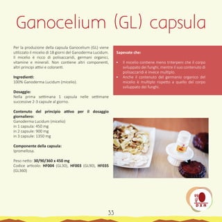 Per la produzione della capsula Ganocelium (GL) viene
utilizzato il micelio di 18 giorni del Ganoderma Lucidum.
Il micelio è ricco di polisaccaridi, germani organici,
vitamine e minerali. Non contiene altri componenti,
altri principi attivi e coloranti.
Ingredienti:
100% Ganoderma Lucidum (micelio).
Dosaggio:
Nella prima settimana 1 capsula nelle settimane
successive 2-3 capsule al giorno.
Contenuto del principio attivo per il dosaggio
giornaliero:
Ganoderma Lucidum (micelio)
in 1 capsula: 450 mg
in 2 capsule: 900 mg
in 3 capsule: 1350 mg
Componente della capsula:
Ipromellosa.
Peso netto: 30/90/360 x 450 mg
Codice articolo: HF004 (GL30), HF003 (GL90), HF035
(GL360)
Sapevate che:
•	 Il micelio contiene meno triterpeni che il corpo
sviluppato dei funghi, mentre il suo contenuto di
polisaccaridi è invece multiplo.
•	 Anche il contenuto del germanio organico del
micelio è multiplo rispetto a quello del corpo
sviluppato dei funghi.
Ganocelium (GL) capsula
33
 