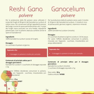 Per la produzione della RG polvere viene utilizzato il
corpo dei funghi di 90 giorni del Ganoderma Lucidum di
colore rosso. Per conservare tutti gli ingredienti preziosi
del fungo e anche le spore particolarmente utili, il corpo
dei funghi viene essiccato con aria fredda, dopodiché
polverizzato. Così la polvere ottenuta contiene anche le
spore di Ganoderma!
Ingredienti:
100% Ganoderma Lucidum (corpo di funghi).
Dosaggio:
Un cucchiaio di polvere al giorno.
Sapevate che:
•	 Il dosaggio in polvere è molto più comodo.
Contenuto di principio attivo per il
dosaggio giornaliero:
Ganoderma Lucidum 1 cucchiaino di dosaggio equivale
a 1g.
Per avere l’effetto desiderato consumare la polvere,
misurata con l’apposito cucchiaio, miscelandola con
acqua abbondante!
Peso netto: 15 g
Codice articolo: HF007
Per la produzione della GL polvere viene usato il micelio
di 18 giorni del Ganoderma Lucidum. Il micelio è ricco
di polisaccaridi, germani organici, vitamine e minerali.
Ingredienti:
100% Ganoderma Lucidum (micelio).
Dosaggio:
Un cucchiaio di polvere al giorno sciolta in 2 dl di acqua.
Per avere l’effetto desiderato consumare la polvere,
misurata con l’apposito cucchiaio, miscelandola con
acqua abbondante!
Sapevate che:
•	 Il dosaggio in polvere è molto più comodo.
Contenuto di principio attivo per il dosaggio
giornaliero:
Ganoderma Lucidum (micelio)
1 cucchiaio di dosaggio equivale a 3 g
Peso netto: 30 g
Codice articolo: HF008
Reishi Gano
polvere
Ganocelium
polvere
34
 