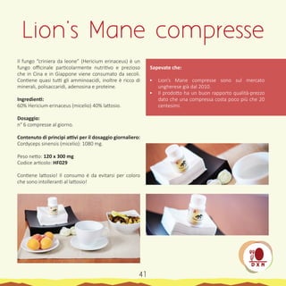 Il fungo “criniera da leone” (Hericium erinaceus) è un
fungo officinale particolarmente nutritivo e prezioso
che in Cina e in Giappone viene consumato da secoli.
Contiene quasi tutti gli amminoacidi, inoltre è ricco di
minerali, polisaccaridi, adenosina e proteine.
Ingredienti:
60% Hericium erinaceus (micelio) 40% lattosio.
Dosaggio:
n° 6 compresse al giorno.
Contenuto di principi attivi per il dosaggio giornaliero:
Cordyceps sinensis (micelio): 1080 mg.
Peso netto: 120 x 300 mg
Codice articolo: HF029
Contiene lattosio! Il consumo é da evitarsi per coloro
che sono intolleranti al lattosio!
Sapevate che:
•	 Lion’s Mane compresse sono sul mercato
ungherese già dal 2010.
•	 Il prodotto ha un buon rapporto qualità-prezzo
dato che una compressa costa poco più che 20
centesimi.
Lion's Mane compresse
41
 
