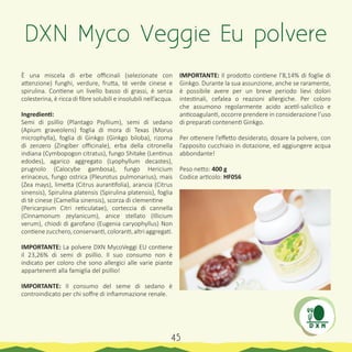 È una miscela di erbe officinali (selezionate con
attenzione) funghi, verdure, frutta, tè verde cinese e
spirulina. Contiene un livello basso di grassi, è senza
colesterina, è ricca di fibre solubili e insolubili nell’acqua.
Ingredienti:
Semi di psillio (Plantago Psyllium), semi di sedano
(Apium graveolens) foglia di mora di Texas (Morus
microphylla), foglia di Ginkgo (Ginkgo biloba), rizoma
di zenzero (Zingiber officinale), erba della citronella
indiana (Cymbopogon citratus), fungo Shitake (Lentinus
edodes), agarico aggregato (Lyophyllum decastes),
prugnolo (Calocybe gambosa), fungo Hericium
erinaceus, fungo ostrica (Pleurotus pulmonarius), mais
(Zea mays), limetta (Citrus aurantifolia), arancia (Citrus
sinensis), Spirulina platensis (Spirulina platensis), foglia
di tè cinese (Camellia sinensis), scorza di clementine
(Pericarpium Citri reticulatae), corteccia di cannella
(Cinnamonum zeylanicum), anice stellato (Illicium
verum), chiodi di garofano (Eugenia caryophyllus) Non
contienezucchero,conservanti,coloranti,altriaggregati.
IMPORTANTE: La polvere DXN MycoVeggi EU contiene
il 23,26% di semi di psillio. Il suo consumo non è
indicato per coloro che sono allergici alle varie piante
appartenenti alla famiglia del psillio!
IMPORTANTE: Il consumo del seme di sedano è
controindicato per chi soffre di infiammazione renale.
IMPORTANTE: Il prodotto contiene l’8,14% di foglie di
Ginkgo. Durante la sua assunzione, anche se raramente,
è possibile avere per un breve periodo lievi dolori
intestinali, cefalea o reazioni allergiche. Per coloro
che assumono regolarmente acido acetil-salicilico e
anticoagulanti, occorre prendere in considerazione l’uso
di preparati contenenti Ginkgo.
Per ottenere l’effetto desiderato, dosare la polvere, con
l’apposito cucchiaio in dotazione, ed aggiungere acqua
abbondante!
Peso netto: 400 g
Codice articolo: HF056
DXN Myco Veggie Eu polvere
45
 