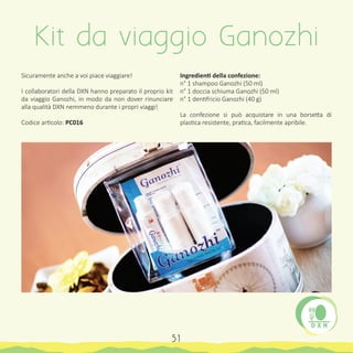Sicuramente anche a voi piace viaggiare!
I collaboratori della DXN hanno preparato il proprio kit
da viaggio Ganozhi, in modo da non dover rinunciare
alla qualità DXN nemmeno durante i propri viaggi!
Codice articolo: PC016
Ingredienti della confezione:
n° 1 shampoo Ganozhi (50 ml)
n° 1 doccia schiuma Ganozhi (50 ml)
n° 1 dentifricio Ganozhi (40 g)
La confezione si può acquistare in una borsetta di
plastica resistente, pratica, facilmente apribile.
Kit da viaggio Ganozhi
51
 