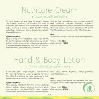 Contiene estratto di Aloe Vera ed estratti vegetali
con molteplici proprietà, che formano uno strato di
protezione per impedire la disidratazione della pelle.
Nutre, accarezza e lenisce la pelle durante il sonno,
aiutandola a ripristinare il sistema di protezione naturale
e la sua idratazione.
Ingredienti (INCI):
Aqua (acqua), aloe barbadensis (aloe vera) extract,
1,3-butylene glycol, methyl gluceth-20, cetearyl olivate,
sorbitan olivate, yeast extract, epilobium angustifolium
(Canadian Willowherb) extract, olive oil PEG- 7 esters,
phenoxyethanol, propylene glicol, acrylates/C10-30
E’ una crema per il corpo non grassa con estratto di
Aloe Vera. Idrata la pelle secca e screpolata. Forma un
film sottile di protezione che nutre e protegge la pelle
dalla secchezza, rendendola cosí morbida e liscia.
Ingredienti (INCI):
Aqua (acqua), macadamia ternifolia seed oil, cetearyl
olivate, sorbitan olivate, glycerin, propylene glicol,
phenoxyethanol, acrylates/C10-30 alkyl acrylate
crosspolymer, aminomethyl propanol, aloe barbadensis
alkyl acrylate crosspolymer, aminomethyl propanol,
cetyl palmitate, sorbitan palmitate, fragrance,
methylisothiazolinone, aesculus hipposcastanum (horse
chestnut) extract, hypericum perforatum (St. John’s
Worth) extract, commiphora myrrha (Myrrh) extract.
Uso:
Spalmare sul viso e sul collo per un’idratazione perfetta!
Volume netto: 30 ml
Codice articolo: FB078
(aloe vera) extract, fragrance, retinyl palmitate,
methylisothiazolinone.
Uso:
Dopo il bagno massaggiare delicatamente sulla pelle.
Usare con abbondanza sulle parti del corpo più secche.
Volume netto: 250 ml
Codice articolo: SC024
Nutricare Cream
। Crema da notte nutriente ।
Hand & Body Lotion
। Crema nutriente per mani e corpo ।
57
 