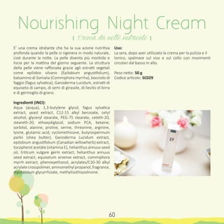 Nourishing Night Cream
। Crema da notte nutriente ।
E’ una crema idratante che ha la sua azione nutritiva
profonda quando la pelle si rigenera in modo naturale,
cioè durante la notte. La pelle diventa più morbida e
liscia per la mattina del giorno seguente. La struttura
della pelle viene rafforzata grazie agli estratti vegetali
come epilobio silvano (Epilobium angustifolium),
balsamino di Somalia (Commiphora myrrha), bocciolo di
faggio (fagus sylvatica); Ganoderma Lucidum, estratti di
equiseto di campo, di semi di girasole, di lievito di birra
e di germoglio di grano.
Ingredienti (INCI):
Aqua (acqua), 1,3-butylene glycol, fagus sylvatica
extract, yeast extract, C12-15 alkyl benzoate, cetyl
alcohol, glyceryl stearate, PEG-75 stearate, ceteth-20,
steareth-20, ethoxydiglycol, sodium PCA, betaine,
sorbitol, alanine, proline, serine, threonine, arginine,
lysine, glutamic acid, cyclomethicone, butyrospermum
parkii (shea butter), Ganoderma Lucidum extract,
epilobium angustifolium (Canadian willowherb) extract,
tocopherol acetate (vitamina E), helianthus annuus seed
oil, triticum vulgare germ extract, helianthus annuus
seed extract, equisetum arvense extract, commiphora
myrrh extract, phenoxyethanol, acrylates/C10-30 alkyl
acrylatecrosspolimer,aminomethylpropanol,fragrance,
dipotassium glycyrrhizate, methylisothiazolinone.
Uso:
La sera, dopo aver utilizzato la crema per la pulizia e il
tonico, spalmare sul viso e sul collo con movimenti
circolari dal basso in alto.
Peso netto: 50 g
Codice articolo: SC029
60
 