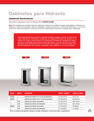 25
Gabinetes para Hidrante
GABINETES INDUSTRIALES
Gabinetes industriales en acero inoxidable Marca EXTIN-FLAM®
Uso: Son ideales para brindar protección adicional a extintores portátiles de bajas capacidades e hidrantes ins-
talados en centros comerciales, oficinas, hospitales, hoteles, almacenes y centros de distribución y comercios
entre otros. Recomendados en áreas en donde las características del acero inoxidable sean solicitadas.
CÓDIGO MODELO DESCRIPCIÓN MEDIDA / GABINETE MEDIDA DE VIDRIO
N002I01 1 Gabinete para extintor de 4.5 ó 6 kg, tipo Sobreponer 21 x 35 x 72 cm 57 x 21 cm
N005I02 2 Gabinete para extintor de 9.0 ó 12 kg, tipo Sobreponer 23 x 40 x 80 cm 65 x 26.5 cm
— 15 M Gabinete para hidrante, tipo Empotrar 21 x 50 x 75 cm 60.5 x 40 cm
— 15 M Gabinete para hidrante, tipo Sobreponer 21 x 50 x 77 cm 60.5 x 35 cm
N009I02 30 M Gabinete para hidrante, tipo Empotrar 21 x 70 x 88 cm 78 x 60 cm
— 30 M Gabinete para hidrante, tipo Sobreponer 21 x 70 x 88 cm 71 x 55 cm
NOTA: Las medidas de los gabinetes incluidas en esta tabla, corresponden a: Fondo, Ancho y Altura, respectivamente.
Fabricados de lámina de acero inoxidable acabado espejo o pulido, el cual brinda
mejor apariencia, eliminando problemas de desprendimientos de pintura al no
contar con ningún recubrimiento. En ambientes húmedos es necesario la aplica-
ción de un pasivante (opcional) por parte del usuario, a fin de mantener las carac-
terísticas de durabilidad del acero inoxidable. Para lugares en donde existan con-
diciones extremas de corrosión (salinidad), este material no es recomendable.
Mod. 1 Mod. 15 M Mod. 30 M
 