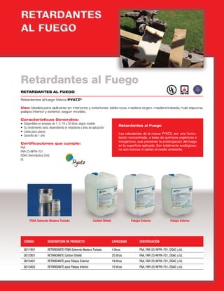 RETARDANTES AL FUEGO
Retardantes al fuego Marca PYATZ®
Uso: Ideales para aplicarse en interiores y exteriores: tabla roca, madera virgen, madera tratada, hule espuma,
palapa interior y exterior, según modelo.
Características Generales:
• Disponibles en envases de 1, 4, 19 y 20 litros, según modelo
• Su rendimiento varía, dependiendo el retardante y área de aplicación
• Listos para usarse
• Garantía de 1 año
Certificaciones que cumple:
FAA
FAR-25-NFPA-701
DGAC (Aeronáutica Civil)
UL
Retardantes al Fuego
Los retardantes de la marca PYATZ, son una formu-
lación concentrada, a base de químicos orgánicos e
inorgánicos, que previenen la prolongación del fuego
en la superficie aplicada. Son totalmente ecológicos,
no son tóxicos ni dañan el medio ambiente.
Retardantes al Fuego
CÓDIGO DESCRIPCIÓN DE PRODUCTO CAPACIDAD CERTIFICACIÓN
Q011B01 RETARDANTE FSIIA Solvente Madera Tratada 4 litros FAA, FAR-25-NFPA-701, DGAC y UL
Q012B01 RETARDANTE Carbon Shield 20 litros FAA, FAR-25-NFPA-701, DGAC y UL
Q013A01 RETARDANTE para Palapa Exterior 19 litros FAA, FAR-25-NFPA-701, DGAC y UL
Q013A02 RETARDANTE para Palapa Interior 19 litros FAA, FAR-25-NFPA-701, DGAC y UL
FSIIA Solvente Madera Tratada Carbon Shield Palapa Exterior Palapa Interior
 