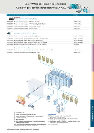 N° Almacén Descripción del producto Código
Catálogo General de Productos / Argentina / Mayo 2015 113
SENTRON maniobra en baja tensión
Accesorios para Seccionadores Rotativos 3KA y 3KL
Accesorios
Manija negra para accionamiento directo
100021646 Accionamiento directo para 3KA5030 y 3KL5030 3KX3516-1AA
100021649 Accionamiento directo para 3KA5040/52/53 y 3KL5040/52/53 3KX3536-1AA
100021645 Accionamiento directo para 3KA55/57/58 y 3KL55/57 3KX3176-1E
100021572 Accionamiento directo para 3KL61 de 630A 3KX3616-1A
Manija gris para accionamiento en puerta
100020150 Accionamiento en puerta para 3KA5030 y 3KL5030 8UC7111-1BB10
100020153 Accionamiento en puerta para 3KA5040/52/53 y 3KL5040/52/53 8UC7212-1BB20
100020155 Accionamiento en puerta para 3KA55/57/58 y 3KL55/57 8UC7313-1BB30
100020161 Accionamiento en puerta sin pieza de acople para 3KL de 630A 8UC7414-1BB44
100021184 Pieza de acople p/Accionamiento en puerta para 3KL de 630A 8UC9253
Bloques de contactos auxiliares
100014992 Contactos Auxiliares 1NA+1NC para 3KA de 63 a 630A y 3KL de 63 a 400A 3SB1400-0A
100021774 Contactos Auxiliares 1NA+1NC para 3KL de 630A 3KX3612-1B
SENTRON3KX/8UC
7
6
5
8
7
3
1
9
10
4
2
1
2
3
4
7
8
9
10
5
6
Aparato básico 3KL
Fusibles, opcionalmente fusibles BS-88 o NH
Muñón de acoplamiento
Cubrebornes unipolar de 63 A hasta 630 A, IP20
(perpendicular al lado de mando)
Cubierta para fusibles, IP20 (perpendicular al lado de mando)
Como bloques de contactos auxiliares se usan productos estándar
de la gama 3SB1 de Siemens.
Muletilla para modelos de montaje fijo 8UC9 estándar (negro) o
para parada de emergencia (roja)
Accionamiento giratorio de puerta 8UC7 en versión estándar (ti-grey)
o de parada de emergencia (rojo/amarillo)
4º polo (opcional)
Opcionalmente
Eje de prolongación
Todos los componentes desde el interruptor hasta el accionamiento están
provistos de características que impiden confusiones.
NSE0_01557f
 
