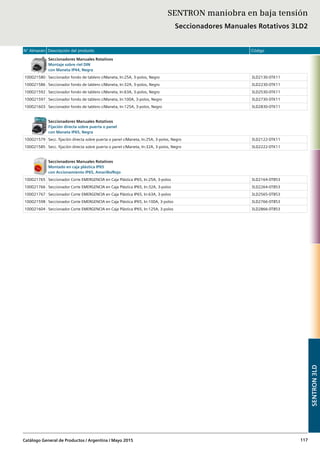 N° Almacén Descripción del producto Código
Catálogo General de Productos / Argentina / Mayo 2015 117
SENTRON maniobra en baja tensión
Seccionadores Manuales Rotativos 3LD2
Seccionadores Manuales Rotativos
Montaje sobre riel DIN
con Maneta IP44, Negra
100021580 Seccionador fondo de tablero c/Maneta, In:25A, 3-polos, Negro 3LD2130-0TK11
100021586 Seccionador fondo de tablero c/Maneta, In:32A, 3-polos, Negro 3LD2230-0TK11
100021592 Seccionador fondo de tablero c/Maneta, In:63A, 3-polos, Negro 3LD2530-0TK11
100021597 Seccionador fondo de tablero c/Maneta, In:100A, 3-polos, Negro 3LD2730-0TK11
100021603 Seccionador fondo de tablero c/Maneta, In:125A, 3-polos, Negro 3LD2830-0TK11
Seccionadores Manuales Rotativos
Fijación directa sobre puerta o panel
con Maneta IP65, Negra
100021579 Secc. fijación directa sobre puerta o panel c/Maneta, In:25A, 3-polos, Negro 3LD2122-0TK11
100021585 Secc. fijación directa sobre puerta o panel c/Maneta, In:32A, 3-polos, Negro 3LD2222-0TK11
Seccionadores Manuales Rotativos
Montado en caja plástica IP65
con Accionamiento IP65, Amarillo/Rojo
100021765 Seccionador Corte EMERGENCIA en Caja Plástica IP65, In:25A, 3-polos 3LD2164-0TB53
100021766 Seccionador Corte EMERGENCIA en Caja Plástica IP65, In:32A, 3-polos 3LD2264-0TB53
100021767 Seccionador Corte EMERGENCIA en Caja Plástica IP65, In:63A, 3-polos 3LD2565-0TB53
100021598 Seccionador Corte EMERGENCIA en Caja Plástica IP65, In:100A, 3-polos 3LD2766-0TB53
100021604 Seccionador Corte EMERGENCIA en Caja Plástica IP65, In:125A, 3-polos 3LD2866-0TB53
SENTRON3LD
 