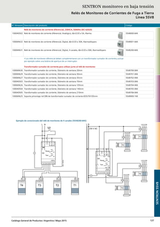 N° Almacén Descripción del producto Código
Catálogo General de Productos / Argentina / Mayo 2015 127
Relé de monitoreo de corriente diferencial, 230VCA, 50/60Hz (IEC 62020)
100040502 Relé de monitoreo de corriente diferencial, Analógico, I∆n:0.03 a 5A, Alarma 5SV8000-6KK
100069632 Relé de monitoreo de corriente diferencial, Digital, I∆n:0.03 a 30A, Alarma/disparo 5SV8001-6KK
100069631 Relé de monitoreo de corriente diferencial, Digital, 4 canales, I∆n:0.03 a 30A, Alarma/disparo 5SV8200-6KK
• Los relés de monitoreo diferencial deben complementarse con un transformador sumador de corriente y actuar
por ejemplo sobre una bobina de apertura de un interruptor.
Transformador sumador de corriente para utilizar junto al relé de monitoreo
100069630 Transformador sumador de corriente, Diámetro de ventana 20mm 5SV8700-0KK
100069629 Transformador sumador de corriente, Diámetro de ventana 30mm 5SV8701-0KK
100069627 Transformador sumador de corriente, Diámetro de ventana 35mm 5SV8702-0KK
100040503 Transformador sumador de corriente, Diámetro de ventana 70mm 5SV8703-0KK
100069626 Transformador sumador de corriente, Diámetro de ventana 105mm 5SV8704-0KK
100040504 Transformador sumador de corriente, Diámetro de ventana 140mm 5SV8705-0KK
100040505 Transformador sumador de corriente, Diámetro de ventana 210mm 5SV8706-0KK
100069625 Soporte p/montaje riel DIN de transformador sumador de corriente Ø35/70/105mm 5SV8900-1KK
SENTRON monitoreo en baja tensión
Relés de Monitoreo de Corrientes de Fuga a Tierra
Línea 5SV8
SENTRON5SV8
T1
I202_16036a
L N
T4
L1L2L3N
T3
1S11S2
1S11S2
T2
Reset
Test
1S11S2
1S11S2
L1L2L3N
L1L2L3N
L1L2L3N
1 2 3 4 5 6 7 8 9
10 11 12 13 14 15
L N
C1 C2
C3 C4
C
230 V AC
L N
T1T2T3
1S1
1S2
1S1
1S2
T4
1S1
1S2
1S1
1S2
I202_16040a
Reset
Test
1 2 3 4 5 6 7 8 9
10 11 12 13 14 15
S/R
Ejemplo de conexionado del relé de monitoreo de 4 canales (5SV8200-6KK)
 