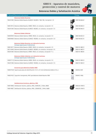 N° Almacén Descripción del producto Código
Catálogo General de Productos / Argentina / Mayo 2015 11
Botoneras Dobles Rasantes
100241003 Botonera Doble Rasante, BLANCO / BLANCO, 1NA+1NC, inscripción I / O 3SB3100-8AC61
100014916 Botonera Doble Rasante, VERDE / ROJO, sin contactos, inscripción I / O 3SB3100-8AC21
100241004 Botonera Doble Rasante, BLANCO / NEGRO, sin contactos, inscripción I / O 3SB3100-8AC31
Botoneras Dobles Salientes
100059599 Botonera Doble Saliente, VERDE / ROJO, sin contactos, inscripción I / O 3SB3100-8CC21
100059600 Botonera Doble Saliente, BLANCO / NEGRO, sin contactos, inscripción I / O 3SB3100-8CC31
Botoneras Dobles Rasantes con indicación luminosa
(incluye soporte para 3 elementos)
100014917 Botonera Doble Rasante, VERDE / ROJO, sin contactos, inscripción I / O 3SB3101-8BC21
100176596 Botonera Doble Rasante, BLANCO / NEGRO, sin contactos, inscripción I / O 3SB3101-8BC31
100241005 Botonera Doble Rasante, VERDE / ROJO, sin contactos, inscripción ↑ / ↓ 3SB3101-8BC81
Botoneras Dobles Salientes con indicación luminosa
(incluye soporte para 3 elementos)
100037110 Botonera Doble Saliente, VERDE / ROJO, sin contactos, inscripción I / O 3SB3101-8DC21
100241006 Botonera Doble Saliente, BLANCO / NEGRO, sin contactos, inscripción I / O 3SB3101-8DC31
Accesorios para Botoneras Dobles 3SB3
100037428 Soporte para placa de identificación (12.5 x 27 mm) de Botonera Doble (x10 u.) 3SB3922-0AY
100037425 Capuchón transparente, IP67 para Botonera Doble Rasante 3SB3 3SB3921-0AQ
Señalizaciones Acústicas, plásticas, IP65
100014806 Señalización Acústica, plástica, IP65, 24VAC/DC, 2.4kHz, 80dB 3SB3233-7BA10
100014807 Señalización Acústica, plástica, IP65, 230VAC/DC, 2.4kHz, 80dB 3SB3235-7BA10
SIRIUS - Aparatos de maniobra,
protección y control de motores
Botoneras Dobles y Señalización Acústica
SIRIUS3SB3
 