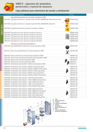 N° Almacén Descripción del producto Código
12
Cajas plásticas para elementos de mando y señalización 3SB3
100014697 Caja plástica Amarilla con 1 pulsador hongo 1NC, ROJO, EMERGENCIA, Pulsar-Girar con visera 3SB3801-0DF3
100014698 Caja plástica Amarilla con 1 pulsador hongo 1NC, ROJO, EMERGENCIA, Pulsar-Girar 3SB3801-0DG3
100014695 Caja plástica Amarilla vacía, apta para montaje de 1 elemento 3SB3801-0AB3
100014694 Caja plástica Gris vacía, apta para montaje de 1 elemento 3SB3801-0AA3
100014699 Caja plástica Gris vacía, apta para montaje de 2 elementos 3SB3802-0AA3
100014701 Caja plástica Gris vacía, apta para montaje de 3 elementos 3SB3803-0AA3
100014703 Caja plástica Gris vacía, apta para montaje de 4 elementos 3SB3804-0AA3
100014704 Caja plástica Gris vacía, apta para montaje de 6 elementos 3SB3806-0AA3
Accesorios y repuestos para Cajas plásticas
100014626 Tapón NEGRO plástica diámetro 22 mm para Caja plástica 3SB38 3SB3921-0AA
100241453 Tapón Aluminizado diámetro 22 mm para Caja plástica 3SB38 3SB1902-0AQ
100014623 Placa de identificación s/inscripción para Caja plástica 3SB38 3SB3906-1AA
100241452 Placa de fondo para Parada de Emergencia para Caja plástica 3SB38 3SB1902-1AQ
100014870 Bloque auxiliar 1NA para Caja plástica 3SB38 3SB3420-0B
100014871 Bloque auxiliar 1NC para Caja plástica 3SB38 3SB3420-0C
100037074 Portalámpara c/lámpara BA 9S, 230VAC para Caja plástica 3SB38 3SB3420-1C
100035453 Portalámpara c/LED integrado, 24VAC/DC, ROJO p/Caja plástica 3SB3420-1PB
100035452 Portalámpara c/LED integrado, 24VAC/DC, AMARILLO p/Caja plástica 3SB3420-1PA
100034825 Portalámpara c/LED integrado, 24VAC/DC, VERDE p/Caja plástica 3SB3420-1PC
100034826 Portalámpara c/LED integrado, 24VAC/DC, AZUL p/Caja plástica 3SB3420-1PD
100034827 Portalámpara c/LED integrado, 24VAC/DC, BLANCO p/Caja plástica 3SB3420-1PE
100034829 Portalámpara c/LED integrado, 110VAC, ROJO p/Caja plástica 3SB3420-1QB
100034828 Portalámpara c/LED integrado, 110VAC, AMARILLO p/Caja plástica 3SB3420-1QA
100034830 Portalámpara c/LED integrado, 110VAC, VERDE p/Caja plástica 3SB3420-1QC
100034831 Portalámpara c/LED integrado, 110VAC, AZUL p/Caja plástica 3SB3420-1QD
100034832 Portalámpara c/LED integrado, 110VAC, BLANCO p/Caja plástica 3SB3420-1QE
100034834 Portalámpara c/LED integrado, 230VAC, ROJO p/Caja plástica 3SB3420-1RB
100034833 Portalámpara c/LED integrado, 230VAC, AMARILLO p/Caja plástica 3SB3420-1RA
100034835 Portalámpara c/LED integrado, 230VAC, VERDE p/Caja plástica 3SB3420-1RC
100034836 Portalámpara c/LED integrado, 230VAC, AZUL p/Caja plástica 3SB3420-1RD
100034837 Portalámpara c/LED integrado, 230VAC, BLANCO p/Caja plástica 3SB3420-1RE
SIRIUS - Aparatos de maniobra,
protección y control de motores
Cajas plásticas para elementos de mando y señalización
A
B
C1
C2
D
E
F
G
H
I
C1
B
A
C2
E
H
I
G
F
D
Tapa
Placa de inscripción
Pulsador
Lámpara de señalización
Soporte
Portalámpara
Bloque de contacto aux.
Base
Letra de identificación
Número de identificación
SIRIUS3SB3
 