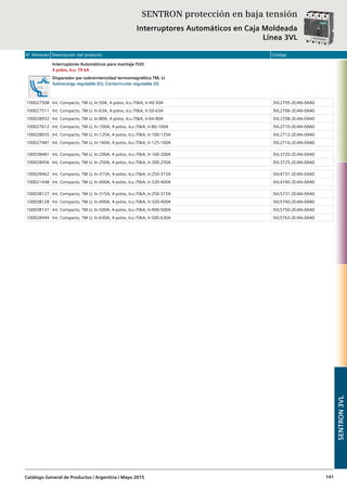 N° Almacén Descripción del producto Código
Catálogo General de Productos / Argentina / Mayo 2015 141
Interruptores Automáticos para montaje FIJO
4 polos, Icu: 70 kA
Disparador por sobreintensidad termomagnético TM, LI
Sobrecarga regulable (Ir), Cortocircuito regulable (Ii)
100027508 Int. Compacto, TM LI, In:50A, 4-polos, Icu:70kA, Ir:40-50A 3VL2705-2EJ46-0AA0
100027511 Int. Compacto, TM LI, In:63A, 4-polos, Icu:70kA, Ir:50-63A 3VL2706-2EJ46-0AA0
100028932 Int. Compacto, TM LI, In:80A, 4-polos, Icu:70kA, Ir:64-80A 3VL2708-2EJ46-0AA0
100027612 Int. Compacto, TM LI, In:100A, 4-polos, Icu:70kA, Ir:80-100A 3VL2710-2EJ46-0AA0
100028935 Int. Compacto, TM LI, In:125A, 4-polos, Icu:70kA, Ir:100-125A 3VL2712-2EJ46-0AA0
100027487 Int. Compacto, TM LI, In:160A, 4-polos, Icu:70kA, Ir:125-160A 3VL2716-2EJ46-0AA0
100038481 Int. Compacto, TM LI, In:200A, 4-polos, Icu:70kA, Ir:160-200A 3VL3720-2EJ46-0AA0
100028456 Int. Compacto, TM LI, In:250A, 4-polos, Icu:70kA, Ir:200-250A 3VL3725-2EJ46-0AA0
100028462 Int. Compacto, TM LI, In:315A, 4-polos, Icu:70kA, Ir:250-315A 3VL4731-2EJ46-0AA0
100021448 Int. Compacto, TM LI, In:400A, 4-polos, Icu:70kA, Ir:320-400A 3VL4740-2EJ46-0AA0
100038127 Int. Compacto, TM LI, In:315A, 4-polos, Icu:70kA, Ir:250-315A 3VL5731-2EJ46-0AA0
100038128 Int. Compacto, TM LI, In:400A, 4-polos, Icu:70kA, Ir:320-400A 3VL5740-2EJ46-0AA0
100038131 Int. Compacto, TM LI, In:500A, 4-polos, Icu:70kA, Ir:400-500A 3VL5750-2EJ46-0AA0
100028494 Int. Compacto, TM LI, In:630A, 4-polos, Icu:70kA, Ir:500-630A 3VL5763-2EJ46-0AA0
SENTRON3VL
SENTRON protección en baja tensión
Interruptores Automáticos en Caja Moldeada
Línea 3VL
 