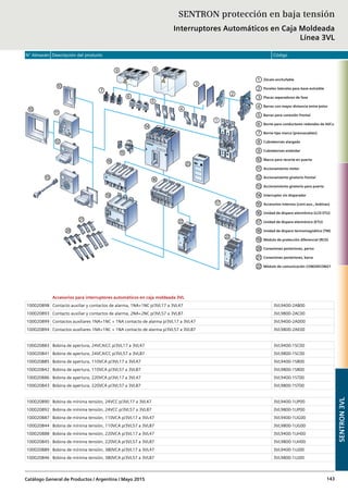 N° Almacén Descripción del producto Código
Catálogo General de Productos / Argentina / Mayo 2015 143
Accesorios para interruptores automáticos en caja moldeada 3VL
100020898 Contacto auxiliar y contactos de alarma, 1NA+1NC p/3VL17 a 3VL47 3VL9400-2AB00
100020893 Contacto auxiliar y contactos de alarma, 2NA+2NC p/3VL57 a 3VL87 3VL9800-2AC00
100020899 Contactos auxiliares 1NA+1NC + 1NA contacto de alarma p/3VL17 a 3VL47 3VL9400-2AD00
100020894 Contactos auxiliares 1NA+1NC + 1NA contacto de alarma p/3VL57 a 3VL87 3VL9800-2AE00
100020883 Bobina de apertura, 24VCA/CC p/3VL17 a 3VL47 3VL9400-1SC00
100020841 Bobina de apertura, 24VCA/CC p/3VL57 a 3VL87 3VL9800-1SC00
100020885 Bobina de apertura, 110VCA p/3VL17 a 3VL47 3VL9400-1SR00
100020842 Bobina de apertura, 110VCA p/3VL57 a 3VL87 3VL9800-1SR00
100020886 Bobina de apertura, 220VCA p/3VL17 a 3VL47 3VL9400-1ST00
100020843 Bobina de apertura, 220VCA p/3VL57 a 3VL87 3VL9800-1ST00
100020890 Bobina de mínima tensión, 24VCC p/3VL17 a 3VL47 3VL9400-1UP00
100020892 Bobina de mínima tensión, 24VCC p/3VL57 a 3VL87 3VL9800-1UP00
100020887 Bobina de mínima tensión, 110VCA p/3VL17 a 3VL47 3VL9400-1UG00
100020844 Bobina de mínima tensión, 110VCA p/3VL57 a 3VL87 3VL9800-1UG00
100020888 Bobina de mínima tensión, 220VCA p/3VL17 a 3VL47 3VL9400-1UH00
100020845 Bobina de mínima tensión, 220VCA p/3VL57 a 3VL87 3VL9800-1UH00
100020889 Bobina de mínima tensión, 380VCA p/3VL17 a 3VL47 3VL9400-1UJ00
100020846 Bobina de mínima tensión, 380VCA p/3VL57 a 3VL87 3VL9800-1UJ00
SENTRON3VL
SENTRON protección en baja tensión
Interruptores Automáticos en Caja Moldeada
Línea 3VL
Zócalo enchufable
Paneles laterales para base extraible
Placas separadoras de fase
Barras con mayor distancia entre polos
Barras para conexión frontal
Borne para conductores redondos de Al/Cu
Borne tipo marco (prensacables)
Cubrebornes alargado
Cubrebornes estándar
Marco para recorte en puerta
Accionamiento motor
Accionamiento giratorio frontal
Accionamiento giratorio para puerta
Interruptor sin disparador
Accesorios internos (cont.aux., bobinas)
Unidad de disparo electrónico (LCD ETU)
Unidad de disparo electrónico (ETU)
Unidad de disparo termomagnético (TM)
Módulo de protección diferencial (RCD)
Conexiones posteriores, perno
Conexiones posteriores, barra
Módulo de comunicación COM20/COM21
 