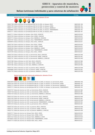 N° Almacén Descripción del producto Código
Catálogo General de Productos / Argentina / Mayo 2015 13
Balizas luminosas individuales (tipo cono), diámetro 70 mm
100037708 Baliza individual con portalámpara BA15d 24-230V, sin lámpara, ROJO 8WD5300-1AB
100037709 Baliza individual con portalámpara BA15d 24-230V, sin lámpara, VERDE 8WD5300-1AC
100037710 Baliza individual con portalámpara BA15d 24-230V, sin lámpara, AMARILLO 8WD5300-1AD
100040805 Baliza individual con portalámpara BA15d 24-230V, sin lámpara, TRANSPARENTE 8WD5300-1AE
100037711 Baliza individual con portalámpara BA15d 24-230V, sin lámpara, AZUL 8WD5300-1AF
100037712 Baliza individual con lámpara, flash, ROJO, 24VAC/DC 8WD5320-0CB
100241456 Baliza individual con lámpara, flash, VERDE, 24VAC/DC 8WD5320-0CC
100037713 Baliza individual con lámpara, flash, AMARILLO, 24VAC/DC 8WD5320-0CD
100241457 Baliza individual con lámpara, flash, TRANSPARENTE, 24VAC/DC 8WD5320-0CE
100069970 Baliza individual con lámpara, flash, AZUL, 24VAC/DC 8WD5320-0CF
100037744 Baliza individual con lámpara, flash, ROJO, 230VAC 8WD5350-0CB
100241458 Baliza individual con lámpara, flash, VERDE, 230VAC 8WD5350-0CC
100040766 Baliza individual con lámpara, flash, AMARILLO, 230VAC 8WD5350-0CD
100040807 Baliza individual con lámpara, flash, TRANSPARENTE, 230VAC 8WD5350-0CE
100241459 Baliza individual con lámpara, flash, AZUL, 230VAC 8WD5350-0CF
100037739 Baliza individual con LED, luz permanente, ROJO, 24VAC/DC 8WD5320-5AB
100037740 Baliza individual con LED, luz permanente, VERDE, 24VAC/DC 8WD5320-5AC
100037741 Baliza individual con LED, luz permanente, AMARILLO, 24VAC/DC 8WD5320-5AD
100241480 Baliza individual con LED, flash, ROJO, 24VAC/DC 8WD5320-5BB
100241481 Baliza individual con LED, flash, VERDE, 24VAC/DC 8WD5320-5BC
100241482 Baliza individual con LED, flash, AMARILLO, 24VAC/DC 8WD5320-5BD
100037742 Baliza individual con LED, luz giratoria, ROJO, 24VAC/DC 8WD5320-5DB
100040806 Baliza individual con LED, luz giratoria, VERDE, 24VAC/DC 8WD5320-5DC
100037743 Baliza individual con LED, luz giratoria, AMARILLO, 24VAC/DC 8WD5320-5DD
Balizas luminosas para columna de señalización, diámetro 70 mm
100037879 Baliza de columna con portalámpara BA15d 12-230V, sin lámpara, luz permanente, ROJO 8WD4400-1AB
100037334 Baliza de columna con portalámpara BA15d 12-230V, sin lámpara, luz permanente, VERDE 8WD4400-1AC
100037714 Baliza de columna con portalámpara BA15d 12-230V, sin lámpara, luz permanente, AMARILLO 8WD4400-1AD
100037715 Baliza de columna con portalámpara BA15d 12-230V, sin lámpara, luz permanente, TRANSPARENTE 8WD4400-1AE
100037727 Baliza de columna con LED, luz intermitente, ROJO, 24VAC/DC 8WD4420-5BB
100037728 Baliza de columna con LED, luz intermitente, VERDE, 24VAC/DC 8WD4420-5BC
100037729 Baliza de columna con LED, luz intermitente, AMARILLO, 24VAC/DC 8WD4420-5BD
100016130 Baliza de columna con LED, luz permanente, ROJO, 24VAC/DC 8WD4420-5AB
100016106 Baliza de columna con LED, luz permanente, VERDE, 24VAC/DC 8WD4420-5AC
100016128 Baliza de columna con LED, luz permanente, AMARILLO, 24VAC/DC 8WD4420-5AD
100037726 Baliza de columna con LED, luz permanente, TRANSPARENTE, 24VAC/DC 8WD4420-5AE
100016129 Baliza de columna con LED, luz permanente, AZUL, 24VAC/DC 8WD4420-5AF
100037730 Baliza de columna con LED, luz giratoria, ROJO, 24VAC/DC 8WD4420-5DB
100037731 Baliza de columna con LED, luz giratoria, VERDE, 24VAC/DC 8WD4420-5DC
100037732 Baliza de columna con LED, luz giratoria, AMARILLO, 24VAC/DC 8WD4420-5DD
100037717 Baliza de columna con lámpara flash, ROJO, 24VDC 8WD4420-0CB
100037718 Baliza de columna con lámpara flash, VERDE, 24VDC 8WD4420-0CC
100016124 Baliza de columna con lámpara flash, AMARILLO, 24VDC 8WD4420-0CD
100106033 Baliza de columna con lámpara flash, TRANSPARENTE, 24VDC 8WD4420-0CE
100037719 Baliza de columna con lámpara flash, AZUL, 24VDC 8WD4420-0CF
SIRIUS - Aparatos de maniobra,
protección y control de motores
Balizas luminosas individuales y para columnas de señalización
SIRIUS8WD
 