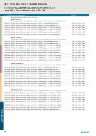 N° Almacén Descripción del producto Código
150
Interruptores-Seccionadores de ejecución FIJA
4 polos, Icu: 55 kA
Para agregar Unidad de Disparo Electrónica (ETU), se deben modificar las posiciones 9º y 10º del código.
100028312 Int-Secc Abierto, FIJO, conex.ppales.horizontales, In:630A, 4-polos, Icu:55kA hasta 500V, T1 3WL1106-2AA42-1AA2
100028315 Int-Secc Abierto, FIJO, conex.ppales.horizontales, In:800A, 4-polos, Icu:55kA hasta 500V, T1 3WL1108-2AA42-1AA2
100028319 Int-Secc Abierto, FIJO, conex.ppales.horizontales, In:1000A, 4-polos, Icu:55kA hasta 500V, T1 3WL1110-2AA42-1AA2
100028322 Int-Secc Abierto, FIJO, conex.ppales.horizontales, In:1250A, 4-polos, Icu:55kA hasta 500V, T1 3WL1112-2AA42-1AA2
100027799 Int-Secc Abierto, FIJO, conex.ppales.horizontales, In:1600A, 4-polos, Icu:55kA hasta 500V, T1 3WL1116-2AA42-1AA2
100197474 Int-Secc Abierto, FIJO, conex.ppales.horizontales, In:2000A, 4-polos, Icu:55kA hasta 500V, T1 3WL1120-2AA42-1AA2
4 polos, Icu: 66 kA
Para agregar Unidad de Disparo Electrónica (ETU), se deben modificar las posiciones 9º y 10º del código.
100028314 Int-Secc Abierto, FIJO, conex.ppales.horizontales, In:630A, 4-polos, Icu:66kA hasta 500V, T1 3WL1106-3AA42-1AA2
100028317 Int-Secc Abierto, FIJO, conex.ppales.horizontales, In:800A, 4-polos, Icu:66kA hasta 500V, T1 3WL1108-3AA42-1AA2
100028321 Int-Secc Abierto, FIJO, conex.ppales.horizontales, In:1000A, 4-polos, Icu:66kA hasta 500V, T1 3WL1110-3AA42-1AA2
100028324 Int-Secc Abierto, FIJO, conex.ppales.horizontales, In:1250A, 4-polos, Icu:66kA hasta 500V, T1 3WL1112-3AA42-1AA2
100028328 Int-Secc Abierto, FIJO, conex.ppales.horizontales, In:1600A, 4-polos, Icu:66kA hasta 500V, T1 3WL1116-3AA42-1AA2
100197478 Int-Secc Abierto, FIJO, conex.ppales.horizontales, In:2000A, 4-polos, Icu:66kA hasta 500V, T1 3WL1120-3AA42-1AA2
100027810 Int-Secc Abierto, FIJO, conex.ppales.horizontales, In:2000A, 4-polos, Icu:66kA hasta 500V, T2 3WL1220-2AA42-1AA2
100027820 Int-Secc Abierto, FIJO, conex.ppales.horizontales, In:2500A, 4-polos, Icu:66kA hasta 500V, T2 3WL1225-2AA42-1AA2
100197489 Int-Secc Abierto, FIJO, conex.ppales.horizontales, In:3200A, 4-polos, Icu:66kA hasta 500V, T2 3WL1232-2AA42-1AA2
4 polos, Icu: 85/80 kA
Para agregar Unidad de Disparo Electrónica (ETU), se deben modificar las posiciones 9º y 10º del código.
100197434 Int-Secc Abierto, FIJO, conex.ppales.horizontales, In:630A, 4-polos, Icu:85kA hasta 500V, T1 3WL1106-4AA42-1AA2
100197438 Int-Secc Abierto, FIJO, conex.ppales.horizontales, In:800A, 4-polos, Icu:85kA hasta 500V, T1 3WL1108-4AA42-1AA2
100197462 Int-Secc Abierto, FIJO, conex.ppales.horizontales, In:1000A, 4-polos, Icu:85kA hasta 500V, T1 3WL1110-4AA42-1AA2
100197466 Int-Secc Abierto, FIJO, conex.ppales.horizontales, In:1250A, 4-polos, Icu:85kA hasta 500V, T1 3WL1112-4AA42-1AA2
100197470 Int-Secc Abierto, FIJO, conex.ppales.horizontales, In:1600A, 4-polos, Icu:85kA hasta 500V, T1 3WL1116-4AA42-1AA2
100197482 Int-Secc Abierto, FIJO, conex.ppales.horizontales, In:2000A, 4-polos, Icu:85kA hasta 500V, T1 3WL1120-4AA42-1AA2
100028340 Int-Secc Abierto, FIJO, conex.ppales.horizontales, In:2000A, 4-polos, Icu:80kA hasta 500V, T2 3WL1220-3AA42-1AA2
100028349 Int-Secc Abierto, FIJO, conex.ppales.horizontales, In:2500A, 4-polos, Icu:80kA hasta 500V, T2 3WL1225-3AA42-1AA2
100028354 Int-Secc Abierto, FIJO, conex.ppales.horizontales, In:3200A, 4-polos, Icu:80kA hasta 500V, T2 3WL1232-3AA42-1AA2
4 polos, Icu: 100 kA
Para agregar Unidad de Disparo Electrónica (ETU), se deben modificar las posiciones 9º y 10º del código.
100028330 Int-Secc Abierto, FIJO, conex.ppales.horizontales, In:1250A, 4-polos, Icu:100kA hasta 500V, T2 3WL1212-4AA42-1AA2
100028333 Int-Secc Abierto, FIJO, conex.ppales.horizontales, In:1600A, 4-polos, Icu:100kA hasta 500V, T2 3WL1216-4AA42-1AA2
100028345 Int-Secc Abierto, FIJO, conex.ppales.horizontales, In:2000A, 4-polos, Icu:100kA hasta 500V, T2 3WL1220-4AA42-1AA2
100028352 Int-Secc Abierto, FIJO, conex.ppales.horizontales, In:2500A, 4-polos, Icu:100kA hasta 500V, T2 3WL1225-4AA42-1AA2
100028358 Int-Secc Abierto, FIJO, conex.ppales.horizontales, In:3200A, 4-polos, Icu:100kA hasta 500V, T2 3WL1232-4AA42-1AA2
100027903 Int-Secc Abierto, FIJO, conex.ppales.horizontales, In:4000A, 4-polos, Icu:100kA hasta 500V, T3 3WL1340-4AA42-1AA2
100027906 Int-Secc Abierto, FIJO, conex.ppales.horizontales, In:5000A, 4-polos, Icu:100kA hasta 500V, T3 3WL1350-4AA42-1AA2
100027908 Int-Secc Abierto, FIJO, conex.ppales.verticales, In:6300A, 4-polos, Icu:100kA hasta 500V, T3 3WL1363-4AA41-1AA2
SENTRON protección en baja tensión
Interruptores Automáticos Abiertos de Corte en Aire
Línea 3WL - Tetrapolares en ejecución fija
SENTRON3WL
 