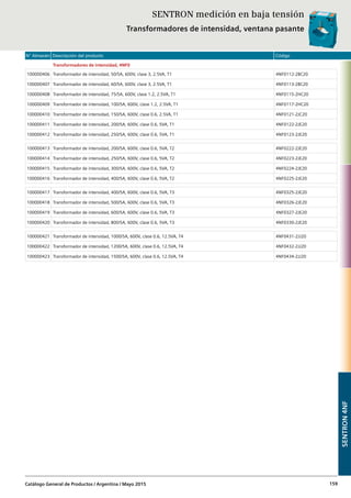N° Almacén Descripción del producto Código
Catálogo General de Productos / Argentina / Mayo 2015 159
Transformadores de intensidad, 4NF0
100000406 Transformador de intensidad, 50/5A, 600V, clase 3, 2.5VA, T1 4NF0112-2BC20
100000407 Transformador de intensidad, 60/5A, 600V, clase 3, 2.5VA, T1 4NF0113-2BC20
100000408 Transformador de intensidad, 75/5A, 600V, clase 1.2, 2.5VA, T1 4NF0115-2HC20
100000409 Transformador de intensidad, 100/5A, 600V, clase 1.2, 2.5VA, T1 4NF0117-2HC20
100000410 Transformador de intensidad, 150/5A, 600V, clase 0.6, 2.5VA, T1 4NF0121-2JC20
100000411 Transformador de intensidad, 200/5A, 600V, clase 0.6, 5VA, T1 4NF0122-2JE20
100000412 Transformador de intensidad, 250/5A, 600V, clase 0.6, 5VA, T1 4NF0123-2JE20
100000413 Transformador de intensidad, 200/5A, 600V, clase 0.6, 5VA, T2 4NF0222-2JE20
100000414 Transformador de intensidad, 250/5A, 600V, clase 0.6, 5VA, T2 4NF0223-2JE20
100000415 Transformador de intensidad, 300/5A, 600V, clase 0.6, 5VA, T2 4NF0224-2JE20
100000416 Transformador de intensidad, 400/5A, 600V, clase 0.6, 5VA, T2 4NF0225-2JE20
100000417 Transformador de intensidad, 400/5A, 600V, clase 0.6, 5VA, T3 4NF0325-2JE20
100000418 Transformador de intensidad, 500/5A, 600V, clase 0.6, 5VA, T3 4NF0326-2JE20
100000419 Transformador de intensidad, 600/5A, 600V, clase 0.6, 5VA, T3 4NF0327-2JE20
100000420 Transformador de intensidad, 800/5A, 600V, clase 0.6, 5VA, T3 4NF0330-2JE20
100000421 Transformador de intensidad, 1000/5A, 600V, clase 0.6, 12.5VA, T4 4NF0431-2JJ20
100000422 Transformador de intensidad, 1200/5A, 600V, clase 0.6, 12.5VA, T4 4NF0432-2JJ20
100000423 Transformador de intensidad, 1500/5A, 600V, clase 0.6, 12.5VA, T4 4NF0434-2JJ20
SENTRON4NF
SENTRON medición en baja tensión
Transformadores de intensidad, ventana pasante
 