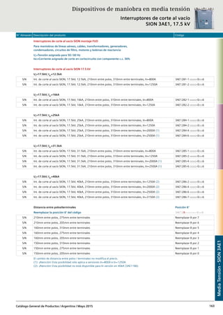 N° Almacén Descripción del producto Código
Catálogo General de Productos / Argentina / Mayo 2015 163
Interruptores de corte al vacío SION montaje FIJO
Para maniobras de líneas aéreas, cables, transformadores, generadores,
condensadores, circuitos de filtro, motores y bobinas de reactancia
Ur
=Tensión asignada para 50 / 60 Hz
Isc=Corriente asignada de corte en cortocircuito con componente c.c. 36%
Interruptores de corte al vacío SION 17.5 kV
Ur
=17.5kV; ISC
=12.5kA
S/N Int. de corte al vacío SION, 17.5kV, 12.5kA, 210mm entre polos, 310mm entre terminales, In=800A 3AE1281-1 □□□□-0□□6
S/N Int. de corte al vacío SION, 17.5kV, 12.5kA, 210mm entre polos, 310mm entre terminales, In=1250A 3AE1281-2 □□□□-0□□6
Ur
=17.5kV; ISC
=16kA
S/N Int. de corte al vacío SION, 17.5kV, 16kA, 210mm entre polos, 310mm entre terminales, In=800A 3AE1282-1 □□□□-0□□6
S/N Int. de corte al vacío SION, 17.5kV, 16kA, 210mm entre polos, 310mm entre terminales, In=1250A 3AE1282-2 □□□□-0□□6
Ur
=17.5kV; ISC
=25kA
S/N Int. de corte al vacío SION, 17.5kV, 25kA, 210mm entre polos, 310mm entre terminales, In=800A 3AE1284-1 □□□□-0□□6
S/N Int. de corte al vacío SION, 17.5kV, 25kA, 210mm entre polos, 310mm entre terminales, In=1250A 3AE1284-2 □□□□-0□□6
S/N Int. de corte al vacío SION, 17.5kV, 25kA, 210mm entre polos, 310mm entre terminales, In=2000A (1) 3AE1284-4 □□□□-0□□6
S/N Int. de corte al vacío SION, 17.5kV, 25kA, 210mm entre polos, 310mm entre terminales, In=2500A (1) 3AE1284-6 □□□□-0□□6
Ur
=17.5kV; ISC
=31.5kA
S/N Int. de corte al vacío SION, 17.5kV, 31.5kA, 210mm entre polos, 310mm entre terminales, In=800A 3AE1285-1 □□□□-0□□6
S/N Int. de corte al vacío SION, 17.5kV, 31.5kA, 210mm entre polos, 310mm entre terminales, In=1250A 3AE1285-2 □□□□-0□□6
S/N Int. de corte al vacío SION, 17.5kV, 31.5kA, 210mm entre polos, 310mm entre terminales, In=2000A (1) 3AE1285-4 □□□□-0□□6
S/N Int. de corte al vacío SION, 17.5kV, 31.5kA, 210mm entre polos, 310mm entre terminales, In=2500A (1) 3AE1285-6 □□□□-0□□6
Ur
=17.5kV; ISC
=40kA
S/N Int. de corte al vacío SION, 17.5kV, 40kA, 210mm entre polos, 310mm entre terminales, In=1250A (2) 3AE1286-2 □□□□-0□□6
S/N Int. de corte al vacío SION, 17.5kV, 40kA, 210mm entre polos, 310mm entre terminales, In=2000A (2) 3AE1286-4 □□□□-0□□6
S/N Int. de corte al vacío SION, 17.5kV, 40kA, 210mm entre polos, 310mm entre terminales, In=2500A (2) 3AE1286-6 □□□□-0□□6
S/N Int. de corte al vacío SION, 17.5kV, 40kA, 210mm entre polos, 310mm entre terminales, In=3150A (2) 3AE1286-7 □□□□-0□□6
Distancia entre polos/terminales Posición 6°
Reemplazar la posición 6° del código 3AE128□-□□□□□-0□□6
S/N 210mm entre polos, 275mm entre terminales Reemplazar 8 por 7
S/N 210mm entre polos, 205mm entre terminales Reemplazar 8 por 6
S/N 160mm entre polos, 310mm entre terminales Reemplazar 8 por 5
S/N 160mm entre polos, 275mm entre terminales Reemplazar 8 por 4
S/N 160mm entre polos, 205mm entre terminales Reemplazar 8 por 3
S/N 150mm entre polos, 310mm entre terminales Reemplazar 8 por 2
S/N 150mm entre polos, 275mm entre terminales Reemplazar 8 por 1
S/N 150mm entre polos, 205mm entre terminales Reemplazar 8 por 0
El cambio de distancia entre polos / terminales no modifica el precio.
(1): ¡Atención! Esta posibilidad sólo aplica a versiones In=800A e In=1250A
(2): ¡Atención! Esta posibilidad no está disponible para In versión en 40kA (3AE1186)
MediaTensión-SION3AE1
Dispositivos de maniobra en media tensión
Interruptores de corte al vacío
SION 3AE1, 17.5 kV
 
