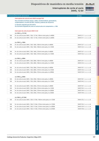 N° Almacén Descripción del producto Código
Catálogo General de Productos / Argentina / Mayo 2015 167
Interruptores de corte al vacío 3AH5 montaje FIJO
Para maniobras de líneas aéreas, cables, transformadores, generadores,
condensadores, circuitos de filtro, motores y bobinas de reactancia
Ur
=Tensión asignada para 50 / 60 Hz
Isc=Corriente asignada de corte en cortocircuito con componente c.c. 36%
Interruptor de corte al vacío 3AH5 12 kV
Ur
=12kV; ISC
=13.1kA
S/N Int. de corte al vacío 3AH5, 12kV, 13.1kA, 160mm entre polos, In=800A 3AH5121-1 □□□□-□□□6
S/N Int. de corte al vacío 3AH5, 12kV, 13.1kA, 210mm entre polos, In=800A 3AH5131-1 □□□□-□□□6
Ur
=12kV; ISC
=16kA
S/N Int. de corte al vacío 3AH5, 12kV, 16kA, 160mm entre polos, In=800A 3AH5122-1 □□□□-□□□6
S/N Int. de corte al vacío 3AH5, 12kV, 16kA, 160mm entre polos, In=1250A 3AH5122-2 □□□□-□□□6
S/N Int. de corte al vacío 3AH5, 12kV, 16kA, 210mm entre polos, In=800A 3AH5132-1 □□□□-□□□6
S/N Int. de corte al vacío 3AH5, 12kV, 16kA, 210mm entre polos, In=1250A 3AH5132-2 □□□□-□□□6
Ur
=12kV; ISC
=20kA
S/N Int. de corte al vacío 3AH5, 12kV, 20kA, 160mm entre polos, In=800A 3AH5123-1 □□□□-□□□6
S/N Int. de corte al vacío 3AH5, 12kV, 20kA, 160mm entre polos, In=1250A 3AH5123-2 □□□□-□□□6
S/N Int. de corte al vacío 3AH5, 12kV, 20kA, 210mm entre polos, In=800A 3AH5133-1 □□□□-□□□6
S/N Int. de corte al vacío 3AH5, 12kV, 20kA, 210mm entre polos, In=1250A 3AH5133-2 □□□□-□□□6
S/N Int. de corte al vacío 3AH5, 12kV, 20kA, 210mm entre polos, In=2000A 3AH5133-4 □□□□-□□□6
Ur
=12kV; ISC
=25kA
S/N Int. de corte al vacío 3AH5, 12kV, 25kA, 160mm entre polos, In=800A 3AH5144-1 □□□□-□□□6
S/N Int. de corte al vacío 3AH5, 12kV, 25kA, 160mm entre polos, In=1250A 3AH5144-2 □□□□-□□□6
S/N Int. de corte al vacío 3AH5, 12kV, 25kA, 210mm entre polos, In=800A 3AH5154-1 □□□□-□□□6
S/N Int. de corte al vacío 3AH5, 12kV, 25kA, 210mm entre polos, In=1250A 3AH5154-2 □□□□-□□□6
S/N Int. de corte al vacío 3AH5, 12kV, 25kA, 210mm entre polos, In=2000A 3AH5134-4 □□□□-□□□6
S/N Int. de corte al vacío 3AH5, 12kV, 25kA, 210mm entre polos, In=2500A 3AH5134-6 □□□□-□□□6
Ur
=12kV; ISC
=31.5kA
S/N Int. de corte al vacío 3AH5, 12kV, 31.5kA, 160mm entre polos, In=1250A 3AH5125-2 □□□□-□□□6
S/N Int. de corte al vacío 3AH5, 12kV, 31.5kA, 210mm entre polos, In=1250A 3AH5135-2 □□□□-□□□6
S/N Int. de corte al vacío 3AH5, 12kV, 31.5kA, 210mm entre polos, In=2000A 3AH5135-4 □□□□-□□□6
S/N Int. de corte al vacío 3AH5, 12kV, 31.5kA, 210mm entre polos, In=2500A 3AH5135-6 □□□□-□□□6
Dispositivos de maniobra en media tensión
Interruptores de corte al vacío
3AH5, 12 kV
MediaTensión-3AH5
 