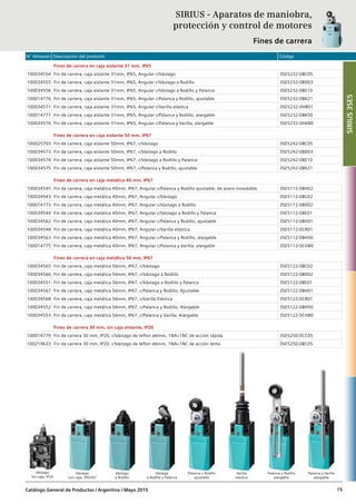 N° Almacén Descripción del producto Código
Catálogo General de Productos / Argentina / Mayo 2015 15
Fines de carrera en caja aislante 31 mm, IP65
100034554 Fin de carrera, caja aislante 31mm, IP65, Angular c/Vástago 3SE5232-0BC05
100034555 Fin de carrera, caja aislante 31mm, IP65, Angular c/Vástago a Rodillo 3SE5232-0BD03
100034556 Fin de carrera, caja aislante 31mm, IP65, Angular c/Vástago a Rodillo y Palanca 3SE5232-0BE10
100014776 Fin de carrera, caja aislante 31mm, IP65, Angular c/Palanca y Rodillo, ajustable 3SE5232-0BK21
100034571 Fin de carrera, caja aislante 31mm, IP65, Angular c/Varilla elástica 3SE5232-0HR01
100014777 Fin de carrera, caja aislante 31mm, IP65, Angular c/Palanca y Rodillo, alargable 3SE5232-0BK50
100034570 Fin de carrera, caja aislante 31mm, IP65, Angular c/Palanca y Varilla, alargable 3SE5232-0HK80
Fines de carrera en caja aislante 50 mm, IP67
100025703 Fin de carrera, caja aislante 50mm, IP67, c/Vástago 3SE5242-0BC05
100034573 Fin de carrera, caja aislante 50mm, IP67, c/Vástago a Rodillo 3SE5242-0BD03
100034574 Fin de carrera, caja aislante 50mm, IP67, c/Vástago a Rodillo y Palanca 3SE5242-0BE10
100034575 Fin de carrera, caja aislante 50mm, IP67, c/Palanca y Rodillo, ajustable 3SE5242-0BK21
Fines de carrera en caja metálica 40 mm, IP67
100034545 Fin de carrera, caja metálica 40mm, IP67, Angular c/Palanca y Rodillo ajustable, de acero inoxidable 3SE5112-0BH02
100034543 Fin de carrera, caja metálica 40mm, IP67, Angular c/Vástago 3SE5112-0BC02
100014773 Fin de carrera, caja metálica 40mm, IP67, Angular c/Vástago a Rodillo 3SE5112-0BD02
100034544 Fin de carrera, caja metálica 40mm, IP67, Angular c/Vástago a Rodillo y Palanca 3SE5112-0BE01
100034562 Fin de carrera, caja metálica 40mm, IP67, Angular c/Palanca y Rodillo, ajustable 3SE5112-0BH01
100034548 Fin de carrera, caja metálica 40mm, IP67, Angular c/Varilla elástica 3SE5112-0CR01
100034563 Fin de carrera, caja metálica 40mm, IP67, Angular c/Palanca y Rodillo, alargable 3SE5112-0BH50
100014775 Fin de carrera, caja metálica 40mm, IP67, Angular c/Palanca y Varilla, alargable 3SE5112-0CH80
Fines de carrera en caja metálica 56 mm, IP67
100034565 Fin de carrera, caja metálica 56mm, IP67, c/Vástago 3SE5122-0BC02
100034566 Fin de carrera, caja metálica 56mm, IP67, c/Vástago a Rodillo 3SE5122-0BD02
100034551 Fin de carrera, caja metálica 56mm, IP67, c/Vástago a Rodillo y Palanca 3SE5122-0BE01
100034567 Fin de carrera, caja metálica 56mm, IP67, c/Palanca y Rodillo, Ajustable 3SE5122-0BH01
100034568 Fin de carrera, caja metálica 56mm, IP67, c/Varilla Elástica 3SE5122-0CR01
100034552 Fin de carrera, caja metálica 56mm, IP67, c/Palanca y Rodillo, Alargable 3SE5122-0BH50
100034553 Fin de carrera, caja metálica 56mm, IP67, c/Palanca y Varilla, Alargable 3SE5122-0CH80
Fines de carrera 30 mm, sin caja aislante, IP20
100014779 Fin de carrera 30 mm, IP20, c/Vástago de teflon ø6mm, 1NA+1NC de acción rápida 3SE5250-0CC05
100219633 Fin de carrera 30 mm, IP20, c/Vástago de teflon ø6mm, 1NA+1NC de acción lenta 3SE5250-0BC05
SIRIUS - Aparatos de maniobra,
protección y control de motores
Fines de carrera
Vástago
Con caja, IP65/67
Vástago
a Rodillo
Vástago
a Rodillo y Palanca
Palanca y Rodillo
ajustable
Varilla
elástica
Palanca y Rodillo
alargable
Palanca y Varilla
alargable
Vástago
Sin caja, IP20
SIRIUS3SE5
 