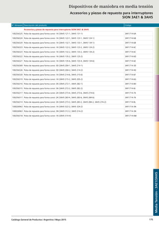 N° Almacén Descripción del producto Código
Catálogo General de Productos / Argentina / Mayo 2015 175
Accesorios y piezas de repuesto para interruptores SION 3AE1 & 3AH5
100256325 Polos de repuesto para forma const: 1A (3AH5 121-1, 3AH5 131-1) 3AY1714-6A
100256324 Polos de repuesto para forma const: 1A (3AH5 122-1, 3AH5 123-1, 3AH5 124-1) 3AY1714-6B
100256324 Polos de repuesto para forma const: 1A (3AH5 132-1, 3AH5 133-1, 3AH5 134-1) 3AY1714-6B
100256323 Polos de repuesto para forma const: 1A (3AH5 122-2, 3AH5 123-2, 3AH5 124-2) 3AY1714-6C
100256323 Polos de repuesto para forma const: 1A (3AH5 132-2, 3AH5 133-2, 3AH5 134-2) 3AY1714-6C
100256322 Polos de repuesto para forma const: 1A (3AH5 135-2, 3AH5 125-2) 3AY1714-6D
100256321 Polos de repuesto para forma const: 1A (3AH5 135-6, 3AH5 133-4, 3AH5 134-6) 3AY1714-6E
100256369 Polos de repuesto para forma const: 3D (3AH5 204-1, 3AH5 214-1) 3AY1714-3D
100256326 Polos de repuesto para forma const: 3D (3AH5 204-2, 3AH5 214-2) 3AY1714-4D
100256320 Polos de repuesto para forma const: 1A (3AH5 214-6, 3AH5 215-6) 3AY1714-6F
100256319 Polos de repuesto para forma const: 1A (3AH5 215-2, 3AH5 205-2) 3AY1714-6G
100256316 Polos de repuesto para forma const: 3A (3AH5 272-1, 3AH5 282-1) 3AY1714-8H
100256315 Polos de repuesto para forma const: 3A (3AH5 272-2, 3AH5 282-2) 3AY1714-8J
100256317 Polos de repuesto para forma const: 2A (3AH5 273-4, 3AH5 273-6, 3AH5 274-6) 3AY1714-7K
100256317 Polos de repuesto para forma const: 2A (3AH5 283-4, 3AH5 283-6, 3AH5 284-6) 3AY1714-7K
100256314 Polos de repuesto para forma const: 3A (3AH5 273-2, 3AH5 283-2, 3AH5 284-2, 3AH5 274-2) 3AY1714-8L
100026963 Polos de repuesto para forma const: 1A (3AH5 322-2, 3AH5 324-2) 3AY1714-3N
100026963 Polos de repuesto para forma const: 3N (3AH5 312-2, 3AH5 314-2) 3AY1714-3N
100256318 Polos de repuesto para forma const: 1A (3AH5 314-4) 3AY1714-6M
Dispositivos de maniobra en media tensión
Accesorios y piezas de repuesto para interruptores
SION 3AE1 & 3AH5
MediaTensión-3AE1/3AH5
 