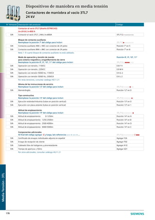 N° Almacén Descripción del producto Código
178
Contactor al vacío 3TL7 (diseño ESTRECHO)
Ur=24 kV; Ir=800 A
S/N Contactor al vacío 3TL7, 24kV, In=800A 3TL712□-□□□□□-□□
Bloque de contactos auxiliares
Reemplazar la posición 7° del código para incluir: 3TL712■-□□□□□-□□
S/N Contactos auxiliares 4NA + 4NC con conector de 24 polos Posición 7º en 5
S/N Contactos auxiliares 8NA + 8NC con conector de 24 polos Posición 7º en 8
Nota 1: El cuarto bloque de contactos auxiliares no está cableado.
Modo de operación y tensión de mando Posición 8°, 9°, 10°, 11°
para sistema magnético y engatillamiento de cierre
Reemplazar la posición 8°, 9°, 10°, 11° del código para incluir: 3TL712□-■■■■□-□□
S/N Operación con tensión, 110VCC 0 B F 4
S/N Operación con tensión, 220VCC 0 B M 4
S/N Operación con tensión 50/60 Hz, 110VCA 0 A G 2
S/N Operación con tensión 50/60 Hz, 230VCA 0 A L 2
Por otras tensiones, consultar catálogo HG11.21
Idioma de las instrucciones de servicio
Reemplazar la posición 12° del código para incluir: 3TL712□-□□□□■-□□
S/N Alemán/Inglés Posición 12º en 0
Tipo constructivo
Reemplazar la posición 13° del código para incluir: 3TL712□-□□□□□-■□
S/N Ejecución estándar/industria (tubos en posición vertical) Posición 13º en 0
S/N Ejecución con placa aislante (tubos en posición vertical) Posición 13º en 1
Altitud de emplazamiento
Reemplazar la posición 14° del código para incluir: 3TL712□-□□□□□-□■
S/N Altitud de emplazamiento: 0-1250m Posición 14º en A
S/N Altitud de emplazamiento: 1250-2500m Posición 14º en B
S/N Altitud de emplazamiento: 2500-4000m Posición 14º en D
S/N Altitud de emplazamiento: 4000-5000m Posición 14º en C
Componentes adicionales
Al final del código agregar -Z y luego, la/s referencias □□□ + □□□ + ... 3TL712□-□□□□□-□□-Z ■■■
S/N Certificado de ensayos individuales adjunto en español Agregar F26
S/N Ensayo de recepción de cliente Agregar F50
S/N Cableado libre de halógenos y pirorretardante Agregar A10
S/N Tiempo de apertura ≤ 50ms Agregar G01
Por otros adicionales, consultar catálogo HG11.21
Dispositivos de maniobra en media tensión
Contactores de maniobra al vacío 3TL7
24 kV
MediaTensión-3TL
 