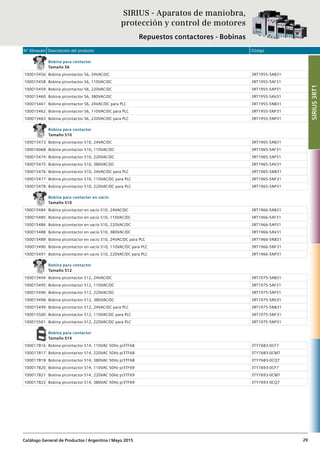 N° Almacén Descripción del producto Código
Catálogo General de Productos / Argentina / Mayo 2015 29
Bobina para contactor
Tamaño S6
100015456 Bobina p/contactor S6, 24VAC/DC 3RT1955-5AB31
100015458 Bobina p/contactor S6, 110VAC/DC 3RT1955-5AF31
100015459 Bobina p/contactor S6, 220VAC/DC 3RT1955-5AP31
100015460 Bobina p/contactor S6, 380VAC/DC 3RT1955-5AV31
100015461 Bobina p/contactor S6, 24VAC/DC para PLC 3RT1955-5NB31
100015462 Bobina p/contactor S6, 110VAC/DC para PLC 3RT1955-5NF31
100015463 Bobina p/contactor S6, 220VAC/DC para PLC 3RT1955-5NP31
Bobina para contactor
Tamaño S10
100015473 Bobina p/contactor S10, 24VAC/DC 3RT1965-5AB31
100016068 Bobina p/contactor S10, 110VAC/DC 3RT1965-5AF31
100015474 Bobina p/contactor S10, 220VAC/DC 3RT1965-5AP31
100015475 Bobina p/contactor S10, 380VAC/DC 3RT1965-5AV31
100015476 Bobina p/contactor S10, 24VAC/DC para PLC 3RT1965-5NB31
100015477 Bobina p/contactor S10, 110VAC/DC para PLC 3RT1965-5NF31
100015478 Bobina p/contactor S10, 220VAC/DC para PLC 3RT1965-5NP31
Bobina para contactor en vacío
Tamaño S10
100015484 Bobina p/contactor en vacío S10, 24VAC/DC 3RT1966-5AB31
100015485 Bobina p/contactor en vacío S10, 110VAC/DC 3RT1966-5AF31
100015486 Bobina p/contactor en vacío S10, 220VAC/DC 3RT1966-5AP31
100015488 Bobina p/contactor en vacío S10, 380VAC/DC 3RT1966-5AV31
100015489 Bobina p/contactor en vacío S10, 24VAC/DC para PLC 3RT1966-5NB31
100015490 Bobina p/contactor en vacío S10, 110VAC/DC para PLC 3RT1966-5NF31
100015491 Bobina p/contactor en vacío S10, 220VAC/DC para PLC 3RT1966-5NP31
Bobina para contactor
Tamaño S12
100015494 Bobina p/contactor S12, 24VAC/DC 3RT1975-5AB31
100015495 Bobina p/contactor S12, 110VAC/DC 3RT1975-5AF31
100015496 Bobina p/contactor S12, 220VAC/DC 3RT1975-5AP31
100015498 Bobina p/contactor S12, 380VAC/DC 3RT1975-5AV31
100015499 Bobina p/contactor S12, 24VAC/DC para PLC 3RT1975-5NB31
100015500 Bobina p/contactor S12, 110VAC/DC para PLC 3RT1975-5NF31
100015501 Bobina p/contactor S12, 220VAC/DC para PLC 3RT1975-5NP31
Bobina para contactor
Tamaño S14
100017816 Bobina p/contactor S14, 110VAC 50Hz p/3TF68 3TY7683-0CF7
100017817 Bobina p/contactor S14, 220VAC 50Hz p/3TF68 3TY7683-0CM7
100017818 Bobina p/contactor S14, 380VAC 50Hz p/3TF68 3TY7683-0CQ7
100017820 Bobina p/contactor S14, 110VAC 50Hz p/3TF69 3TY7693-0CF7
100017821 Bobina p/contactor S14, 220VAC 50Hz p/3TF69 3TY7693-0CM7
100017822 Bobina p/contactor S14, 380VAC 50Hz p/3TF69 3TY7693-0CQ7
SIRIUS - Aparatos de maniobra,
protección y control de motores
Repuestos contactores - Bobinas
SIRIUS3RT1
 