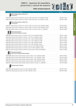 N° Almacén Descripción del producto Código
Catálogo General de Productos / Argentina / Mayo 2015 35
Relés temporizadores multifunción
8 funciones
100015954 Relé de tiempo multifunción, reg de 0.5-100h, 8 funciones, 1CO, 24VAC/DC-240VAC 3RP1505-1AP30
100015955 Relé de tiempo multifunción, reg de 0.5-100h, 8 funciones, 1CO, 24VAC/DC-127VAC 3RP1505-1AQ30
Relés temporizadores multifunción
16 funciones
100015957 Relé de tiempo multifunción, reg de 0.5-100h, 16 funciones, 2CO, 24VAC/DC-240VAC 3RP1505-1BP30
100015958 Relé de tiempo multifunción, reg de 0.5-100h, 16 funciones, 2CO, 24VAC/DC-127VAC 3RP1505-1BQ30
100015959 Relé de tiempo multifunción, reg de 0.5-100h, 16 funciones, 2CO, 24...240VAC/DC 3RP1505-1BW30
Relés temporizadores
función de retardo a la conexión
100015962 Relé de tiempo retardo a la conexión, 1CO, 0.5-10s, 24VAC/DC-240VAC 3RP1511-1AP30
100015963 Relé de tiempo retardo a la conexión, 1CO, 0.5-10s, 24VAC/DC-127VAC 3RP1511-1AQ30
100015964 Relé de tiempo retardo a la conexión, 1CO, 1.5-30s, 24VAC/DC-240VAC 3RP1512-1AP30
100015965 Relé de tiempo retardo a la conexión, 1CO, 1.5-30s, 24VAC/DC-127VAC 3RP1512-1AQ30
100015966 Relé de tiempo retardo a la conexión, 1CO, 5-100s, 24VAC/DC-240VAC 3RP1513-1AP30
100015967 Relé de tiempo retardo a la conexión, 1CO, 5-100s, 24VAC/DC-127VAC 3RP1513-1AQ30
100015968 Relé de tiempo retardo a la conexión, 1CO, 0.5s-100h, 24VAC/DC-240VAC 3RP1525-1AP30
100015969 Relé de tiempo retardo a la conexión, 1CO, 0.5s-100h, 24VAC/DC-127VAC 3RP1525-1AQ30
100015973 Relé de tiempo retardo a la conexión, 1NA transistor, 0.5-240s, 90-240VAC/DC 3RP1527-1EM30
Relés temporizadores
función de arranque estrella-triángulo
100015898 Relé de tiempo estrella triángulo c/pausa de 50ms, 1-20s, 24VAC/DC-240VAC 3RP1574-1NP30
100015899 Relé de tiempo estrella triángulo c/pausa de 50ms, 1-20s, 24VAC/DC-127VAC 3RP1574-1NQ30
100015900 Relé de tiempo estrella triángulo c/pausa de 50ms, 3-60s, 24VAC/DC-240VAC 3RP1576-1NP30
100015901 Relé de tiempo estrella triángulo c/pausa de 50ms, 3-60s, 24VAC/DC-127VAC 3RP1576-1NQ30
100059637 Relé de tiempo estrella triángulo c/pausa de 50ms, 0.5s-100h, 12...240VAC/DC 7PV1578-1BW30
Relé generador de pulsos
100015896 Relé generador de pulsos, 0.5s-100h, 24VAC/DC-240VAC 3RP1555-1AP30
100035657 Relé generador de pulsos, 0.5s-100h, 24VAC/DC-127VAC 3RP1555-1AQ30
SIRIUS3RP1/7PV1
SIRIUS - Aparatos de maniobra,
protección y control de motores
Relés temporizadores
 