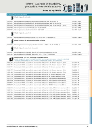 N° Almacén Descripción del producto Código
Catálogo General de Productos / Argentina / Mayo 2015 37
Relés de vigilancia de tensión
100018014 Relé de vigilancia de subtensión, secuencia/falta/asimetria de fases 3x 160-690V AC 3UG4614-1BR20
100018015 Relé de vigilancia de sub/sobretensión, secuencia/falta/asimetria de fases 3x 160-690V AC 3UG4615-1CR20
100018016 Relé de vigilancia de sub/sobretensión, secuencia/falta/asimetria de fases 3x 160-690V AC + Neutro 3UG4616-1CR20
100036468 Relé de vigilancia de secuencia/falta de fases 3x 160-690V AC 3UG4512-1BR20
100018018 Relé de vigilancia de sub/sobretensión 1x 17-275V AC/DC 3UG4633-1AL30
Relés de vigilancia de corriente
100018011 Relé de vigilancia de sub/sobrecorriente, 0.05-10A, 0.1-20s, 1x 24-240V AC/DC 3UG4622-1AW30
Relés de vigilancia del factor de potencia y de corriente
100036537 Relé de vigilancia de coseno phi y sub/sobrecorriente, 0.2-10A, 0.1-20s, 1x 90-690V AC 3UG4641-1CS20
Relés de vigilancia de corriente de defecto
100018025 Relé de vigilancia de corriente de defecto, 10-120% de In del trafo 3UL22, 0,1-20s 3UG4624-1CS20
100267975 Relé de vigilancia de corriente de defecto para 3UL23, 0,3-40 A, configurable 3UG4625-1CW30
Transformadores 3UL2 para medición de corriente de defecto
Los relés de vigilancia de corriente de defecto 3UG4 deben complementarse con un transformador 3UL2
y actuar por ejemplo sobre una señal luminosa o una bobina de apertura de un interruptor.
100017792 Transformador 3UL22 para medición de corriente de defecto, I∆n 0.3A, Diámetro de ventana 40mm 3UL2201-1A
100017793 Transformador 3UL22 para medición de corriente de defecto, I∆n 0.5A, Diámetro de ventana 40mm 3UL2201-2A
100017794 Transformador 3UL22 para medición de corriente de defecto, I∆n 1A, Diámetro de ventana 40mm 3UL2201-3A
100017795 Transformador 3UL22 para medición de corriente de defecto, I∆n 0.3A, Diámetro de ventana 65mm 3UL2202-1A
100044832 Transformador 3UL22 para medición de corriente de defecto, I∆n 0.5A, Diámetro de ventana 65mm 3UL2202-2A
100017796 Transformador 3UL22 para medición de corriente de defecto, I∆n 1A, Diámetro de ventana 65mm 3UL2202-3A
100075104 Transformador 3UL22 para medición de corriente de defecto, I∆n 6A, Diámetro de ventana 65mm 3UL2202-1B
100075105 Transformador 3UL22 para medición de corriente de defecto, I∆n 10A, Diámetro de ventana 65mm 3UL2202-2B
100075106 Transformador 3UL22 para medición de corriente de defecto, I∆n 16A, Diámetro de ventana 65mm 3UL2202-3B
100075107 Transformador 3UL22 para medición de corriente de defecto, I∆n 25A, Diámetro de ventana 65mm 3UL2202-4B
100038340 Transformador 3UL22 para medición de corriente de defecto, I∆n 40A, Diámetro de ventana 65mm 3UL2202-5B
100277486 Transformador 3UL23 para medición de corriente de defecto, I∆n 0.03A…40A, Diámetro de ventana 35mm 3UL2302-1A
100277487 Transformador 3UL23 para medición de corriente de defecto, I∆n 0.03A…40A, Diámetro de ventana 55mm 3UL2303-1A
100277296 Transformador 3UL23 para medición de corriente de defecto, I∆n 0.03A…40A, Diámetro de ventana 80mm 3UL2304-1A
100270322 Transformador 3UL23 para medición de corriente de defecto, I∆n 0.03A…40A, Diámetro de ventana 110mm 3UL2305-1A
100270323 Transformador 3UL23 para medición de corriente de defecto, I∆n 0.03A…40A, Diámetro de ventana 140mm 3UL2306-1A
100267976 Transformador 3UL23 para medición de corriente de defecto, I∆n 0.03A…40A, Diámetro de ventana 210mm 3UL2307-1A
SIRIUS3UG/3UL
SIRIUS - Aparatos de maniobra,
protección y control de motores
Relés de vigilancia
 