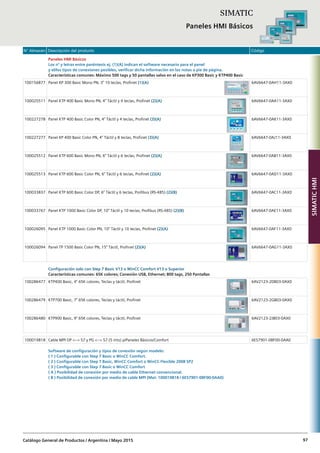 N° Almacén Descripción del producto Código
Catálogo General de Productos / Argentina / Mayo 2015 97
Paneles HMI Básicos
Los nº y letras entre paréntesis ej. (1)(A) indican el software necesario para el panel
y el/los tipos de conexiones posibles, verificar dicha información en las notas a pie de página.
Características comunes: Máximo 500 tags y 50 pantallas salvo en el caso de KP300 Basic y KTP400 Basic
100156877 Panel KP 300 Basic Mono PN, 3” 10 teclas, Profinet (1)(A) 6AV6647-0AH11-3AX0
100025511 Panel KTP 400 Basic Mono PN, 4” Táctil y 4 teclas, Profinet (2)(A) 6AV6647-0AA11-3AX0
100227278 Panel KTP 400 Basic Color PN, 4” Táctil y 4 teclas, Profinet (3)(A) 6AV6647-0AK11-3AX0
100227277 Panel KP 400 Basic Color PN, 4” Táctil y 8 teclas, Profinet (3)(A) 6AV6647-0AJ11-3AX0
100025512 Panel KTP 600 Basic Mono PN, 6” Táctil y 6 teclas, Profinet (2)(A) 6AV6647-0AB11-3AX0
100025513 Panel KTP 600 Basic Color PN, 6” Táctil y 6 teclas, Profinet (2)(A) 6AV6647-0AD11-3AX0
100033837 Panel KTP 600 Basic Color DP, 6” Táctil y 6 teclas, Profibus (RS-485) (2)(B) 6AV6647-0AC11-3AX0
100033767 Panel KTP 1000 Basic Color DP, 10” Táctil y 10 teclas, Profibus (RS-485) (2)(B) 6AV6647-0AE11-3AX0
100026095 Panel KTP 1000 Basic Color PN, 10” Táctil y 10 teclas, Profinet (2)(A) 6AV6647-0AF11-3AX0
100026094 Panel TP 1500 Basic Color PN, 15” Táctil, Profinet (2)(A) 6AV6647-0AG11-3AX0
Configuración solo con Step 7 Basic V13 o WinCC Comfort V13 o Superior
Características comunes: 65K colores; Conexión USB, Ethernet; 800 tags, 250 Pantallas
100286477 KTP400 Basic, 4” 65K colores, Teclas y táctil, Profinet 6AV2123-2DB03-0AX0
100286479 KTP700 Basic, 7” 65K colores, Teclas y táctil, Profinet 6AV2123-2GB03-0AX0
100286480 KTP900 Basic, 9” 65K colores, Teclas y táctil, Profinet 6AV2123-2JB03-0AX0
100019818 Cable MPI OP <--> S7 y PG <--> S7 (5 mts) p/Paneles Básicos/Comfort 6ES7901-0BF00-0AA0
Software de configuración y tipos de conexión según modelo:
( 1 ) Configurable con Step 7 Basic o WinCC Comfort.
( 2 ) Configurable con Step 7 Basic, WinCC Comfort o WinCC Flexible 2008 SP2
( 3 ) Configurable con Step 7 Basic o WinCC Comfort
( A ) Posibilidad de conexión por medio de cable Ethernet convencional.
( B ) Posibilidad de conexión por medio de cable MPI (Mat: 100019818 / 6ES7901-0BF00-0AA0)
SIMATIC
Paneles HMI Básicos
SIMATICHMI
 