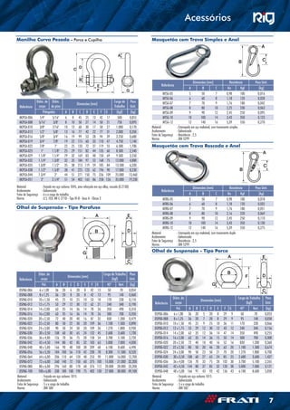 cador - Gancho Olhal
Manilha - Curva Pesada e Alloy Manilha - Reta Pesada
C
F E
A
- Maleável - Gancho Olhal
C
F E
A
C
D
B
C
D
B
A
E
G
A
GF
Manilha - Aço Alloy
al - Porca
Mosquetão
com trava simples
C
D
F
B
A A
A
C
CB
B
Mosquetão
com trava simples
Anel Forjado
Anel Solda
A
C
B
E
GF
E
F
A
B
E
C
D
- Parafuso
mpo Leve
Gancho Trava Amarelo
Corrente Grau 8 Corrente Elo Curto
Elo Ligação Grau 8
Sapatilha - Pesada e Leve
F
A
B
E
F
E
D
C
A B
F
E
D
C
E
D
A
F
EB
A
F
B
D
C
E
C
D
C
A
B
D
E
C
C
D
C
A
D
F
E
B
Grampo Pesado
C
A
C
B
lhal
o Trava
Gancho Olhal
Aço Carbono
A
F
EB
C
D
Gancho Olhal
Aço Carbono
B
C
B
A A
B
Esticador - Gancho Olhal
C
F E
A
D
B
Esticador - Maleável - Gancho Olhal
C
F E
A
D
Olhal - Porca
F
G
A
B
E
C
D
Olhal - Parafuso
Grampo Leve
F
A
B
G
A
B
E
C
D
B
Esticador - Gancho Olhal
Manilha - Curva Pesada e Alloy Ma
C
F E
A
D
B
Esticador - Maleável - Gancho Olhal
C
F E
A
D
C
D
B
C
D
B
A
E
GF
Manilha - Aço Alloy
Olhal - Porca
C
D
F
B
A
G
A
A
CB
Anel Forjado
Anel Solda
E
GF
A
D
F
E
B
B
E
C
D
Olhal - Parafuso
Grampo Leve
Gancho Trava Amarelo
Corrente Grau 8 Corrente Elo Cur
Sapatilha - Pesada e Leve
F
A
B
G
A
B
E
F
E
D
C
A B
F
E
D
C
A
F
EB
D
A
F
EB
A
F
B
C
D
C
C
D
C
A
D
F
E
B
Grampo Pesado
C
B
Gancho Olhal
Aço Carbono Trava
Gancho Olhal
Aço Carbono
B
C
B
A A
B
Esticador - Maleável - Gancho Olhal
C
F E
A
D
E
G GF
Manilha - Aço Alloy
Olhal - Porca
Mosquetão
com trava simples
C
D
F
B
A
G
A
A
A
C
CB
B
Mosquetão
com trava simples
Anel Forjado
Anel Solda
A
C
B
E
GF
E
F
A
D
F
E
B
B
E
C
D
Olhal - Parafuso
Grampo Leve
Gancho Trava Amarelo
Corrente Grau 8 Corrente Elo Curto
Elo Ligação Grau 8
Sapatilha - Pesada e Leve
F
A
B
G
A
B
E
F
E
D
C
A B
F
E
D
C
A
F
EB
C
D
A
F
EB
A
F
B
D
C
E
C
D
C
A
B
D
E
C
C
D
C
A
D
F
E
B
Grampo Pesado
C
A
C
B
Gancho Olhal
Aço Carbono Trava
Gancho Olhal
Aço Carbono
A
F
EB
C
D
Gancho Olhal
Aço Carbono
B
C
B
A A
B
Esticador - Gancho Olhal
Manilha - Curva Pesada e Alloy Manilha - Reta Pesada
C
F E
A
D
B
Esticador - Maleável - Gancho Olhal
C
F E
A
D
C
D
B
C
D
B
A
E
G
A
GF
Manilha - Aço Alloy
Olhal - Porca
Mosquetão
com trava simples
C
D
F
B
A
G
A
A
A
C
CB
B
Mosquetão
com trava simples
Anel Forjado
Anel Solda
A
C
B
E
GF
E
F
A
D
F
E
B
B
E
C
D
Olhal - Parafuso
Grampo Leve
Gancho Trava Amarelo
Corrente Grau 8 Corrente Elo Curto
Elo Ligação Grau 8
Sapatilha - Pesada e Leve
F
A
B
G
A
B
E
F
E
D
C
A B
F
E
D
C
A
F
EB
C
D
A
F
EB
A
F
B
D
C
E
C
D
C
A
B
D
E
C
C
D
C
A
D
F
E
B
Grampo Pesado
C
A
C
B
Gancho Olhal
Aço Carbono Trava
Gancho Olhal
Aço Carbono
A
F
EB
C
D
Gancho Olhal
Aço Carbono
B
C
B
A A
Manilha Curva Pesada - Porca e Cupilha Mosquetão com Trava Simples e Anel
Mosquetão com Trava Roscada e Anel
Olhal de Suspensão - Tipo Parafuso
Olhal de Suspensão - Tipo Porca
Material 	 : Forjada em aço carbono 1045, pino reforçado em aço alloy, roscado (G 2130)
Acabamento	 : Galvanizado
Fator de Segurança	 : 6 x a carga de trabalho
Norma	 : U.S. FED. RR-C-271D - Tipo IV-B - Grau A - Classe 3
Material 	 : Forjado em aço carbono 1015
Acabamento	 : Galvanizado
Fator de Segurança	 : 5 x a carga de trabalho
Norma	 : DIN 580
Material 	 : Estampado em aço maleável, com travamento simples
Acabamento	 : Galvanizado
Fator de Segurança	 : Resistência : 2,5
Norma	 : DIN 5299
Material 	 : Estampado em aço maleável, com travamento duplo
Acabamento	 : Galvanizado
Fator de Segurança	 : Resistência : 2,5
Norma	 : DIN 5299
Material 	 : Forjado em aço carbono 1015
Acabamento	 : Galvanizado
Fator de Segurança	 : 5 x a carga de trabalho
Norma	 : DIN 582
Referência
Diâm. do
corpo
Diâm.
do pino
Dimensões (mm)
Carga de
Trabalho
Peso
Unit.
Polegadas A B C D E F G (kgf) (kg)
MCPCA-006 1/4" 5/16" 6 8 45 25 13 42 17 500 0,055
MCPCA-008 5/16" 3/8" 8 10 50 27 14 50 21 750 0,095
MCPCA-010 3/8" 7/16" 10 13 60 30 17 58 27 1.000 0,170
MCPCA-013 1/2" 5/8" 13 16 77 42 22 77 31 2.000 0,350
MCPCA-016 5/8" 3/4" 16 19 99 53 28 94 39 3.250 0,680
MCPCA-019 3/4" 7/8" 19 22 115 60 33 110 47 4.750 1,140
MCPCA-022 7/8" 1" 22 25 133 72 37 119 55 6.500 1,700
MCPCA-025 1" 1.1/8" 25 29 151 82 44 135 60 8.500 2,540
MCPCA-029 1.1/8" 1.1/4" 29 32 169 83 48 150 69 9.500 3,550
MCPCA-032 1.1/4" 1.3/8" 32 35 184 97 52 168 75 12.000 4,800
MCPCA-035 1.3/8" 1.1/2" 35 38 213 119 59 185 84 13.500 6,330
MCPCA-038 1.1/2" 1.5/8" 38 41 225 123 62 196 90 17.000 8,230
MCPCA-044 1.3/4" 2" 44 51 271 150 75 236 109 25.000 13,460
MCPCA-051 2" 2.1/4" 51 54 402 165 86 258 126 35.000 19,230
Referência
Diâm. do
corpo
Dimensões (mm)
Carga de Trabalho
(kgf)
Peso
Unit.
Pol. A B C D E F G 45º Vert. (kg)
OSPOG-006 6 x 1,00 36 20 5 20 8 29 9 50 70 0,053
OSPOG-008 8 x 1,25 36 20 7 20 8 29 9 95 140 0,058
OSPOG-010 10 x 1,50 45 25 9 25 10 36 11 170 230 0,066
OSPOG-012 12 x 1,75 53 29 12 30 12 43 12 240 340 0,156
OSPOG-014 14 x 2,00 63 35 12 36 14 47 14 350 490 0,255
OSPOG-016 16 x 2,00 63 35 14 36 15 50 14 500 700 0,300
OSPOG-020 20 x 2,50 72 40 18 40 16 52 16 830 1.200 0,360
OSPOG-022 22 x 2,50 80 50 20 46 20 63 20 1.100 1.500 0,674
OSPOG-024 24 x 3,00 90 50 23 50 21 70 20 1.270 1.800 0,700
OSPOG-030 30 x 3,50 108 60 27 65 24 85 25 2.600 3.600 1,437
OSPOG-036 36 x 4,00 126 70 33 75 28 102 30 3.700 5.100 2,265
OSPOG-042 42 x 4,50 144 80 37 85 32 120 38 5.000 7.000 3,121
OSPOG-048 48 x 5,00 166 91 43 93 42 136 43 6.100 8.600 5,050
Referência
Diâm. do
corpo
Dimensões (mm)
Carga de Trabalho
(kgf)
Peso
Unit.
Pol. A B C D E F G 45º Vert. (kg)
OSPAG-006 6 x 1,00 36 20 6 20 8 42 13 50 70 0,054
OSPAG-008 8 x 1,25 36 20 8 20 8 42 13 95 140 0,060
OSPAG-010 10 x 1,50 45 25 10 25 10 53 18 170 230 0,110
OSPAG-012 12 x 1,75 53 29 12 30 12 62 21 240 340 0,190
OSPAG-014 14 x 2,00 63 35 14 36 14 78 26 350 490 0,310
OSPAG-016 16 x 2,00 63 35 16 36 14 78 26 500 700 0,350
OSPAG-020 20 x 2,50 72 40 20 40 16 87 32 830 1.200 0,479
OSPAG-022 22 x 2,50 80 50 22 50 20 109 36 1.100 1.500 0,890
OSPAG-024 24 x 3,00 90 50 24 50 20 109 36 1.270 1.800 0,930
OSPAG-030 30 x 3,50 108 60 30 65 24 132 45 2.600 3.600 1,730
OSPAG-036 36 x 4,00 126 70 36 75 28 158 54 3.700 5.100 2,720
OSPAG-042 42 x 4,50 144 80 42 85 32 183 63 5.000 7.000 4,030
OSPAG-048 48 x 5,00 166 90 48 100 38 209 68 6.100 8.600 6,490
OSPAG-056 56 x 5,50 184 100 56 110 42 230 78 8.300 11.500 8,520
OSPAG-064 64 x 6,00 206 110 64 120 48 253 90 11.000 16.000 12,700
OSPAG-072 72 x 6,00 260 140 72 150 60 375 100 15.000 21.000 32,200
OSPAG-080 80 x 6,00 296 160 80 170 68 376 112 20.000 28.000 33,200
OSPAG-100 100 x 6,00 330 180 100 190 75 402 130 27.000 38.000 49,100
Referência
Dimensões (mm) Resistência Peso Unit.
A B C Kn Kgf (kg)
MTSG-05 5 50 7 0,98 100 0,016
MTSG-06 6 60 8 1,18 120 0,028
MTSG-07 7 70 9 1,76 180 0,042
MTSG-08 8 80 10 2,25 230 0,063
MTSG-09 9 90 12 2,45 250 0,095
MTSG-10 10 100 14 3,43 350 0,123
MTSG-12 12 140 16 5,39 550 0,270
Referência
Dimensões (mm) Resistência Peso Unit.
A B C Kn Kgf (kg)
MTRG-05 5 50 7 0,98 100 0,018
MTRG-06 6 60 8 1,18 120 0,032
MTRG-07 7 70 9 1,76 180 0,051
MTRG-08 8 80 10 2,16 220 0,069
MTRG-09 9 90 12 2,45 250 0,110
MTRG-10 10 100 14 3,43 350 0,130
MTRG-12 12 140 16 5,39 550 0,275
7
Acessórios
 