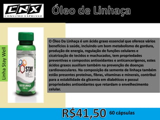 O Óleo Da Linhaça é um ácido graxo essencial que oferece vários
benefícios à saúde, incluindo um bom metabolismo de gordura,
produção de energia, regulação de funções celulares e
cicatrização de tecidos e machucados, tem propriedades
preventivas e compostos antioxidantes e anticancerígenos, estes
ácidos graxos auxiliam também na prevenção de doenças
cardiovasculares. Na composição da semente de linhaça também
estão presentes proteínas, fibras, vitaminas e minerais, contribui
para a estabilidade da glicemia em diabéticos e possui
propriedades antioxidantes que retardam o envelhecimento
celular.
60 cápsulas
LinhaStayWell
 