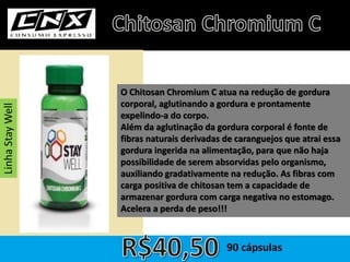O Chitosan Chromium C atua na redução de gordura
corporal, aglutinando a gordura e prontamente
expelindo-a do corpo.
Além da aglutinação da gordura corporal é fonte de
fibras naturais derivadas de caranguejos que atrai essa
gordura ingerida na alimentação, para que não haja
possibilidade de serem absorvidas pelo organismo,
auxiliando gradativamente na redução. As fibras com
carga positiva de chitosan tem a capacidade de
armazenar gordura com carga negativa no estomago.
Acelera a perda de peso!!!
90 cápsulas
LinhaStayWell
 