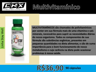 MULTIVITAMÍNICOS são chamados de polivitamínicos
por conter em sua fórmula mais de uma vitamina e sais
minerais, necessários para suprir as necessidades diárias
do nosso organismo. Todos os componentes de sua
fórmula são substâncias orgânicas, presentes em
pequenas quantidades na dieta alimentar, e são de suma
importância para o bom funcionamento de nosso
metabolismo e cuja carência na dieta pode ocasionar
problemas à nossa saúde.
90 cápsulas
LinhaStayWell
 
