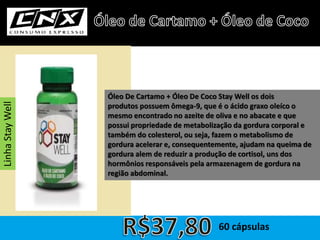 Óleo De Cartamo + Óleo De Coco Stay Well os dois
produtos possuem ômega-9, que é o ácido graxo oleíco o
mesmo encontrado no azeite de oliva e no abacate e que
possui propriedade de metabolização da gordura corporal e
também do colesterol, ou seja, fazem o metabolismo de
gordura acelerar e, consequentemente, ajudam na queima de
gordura alem de reduzir a produção de cortisol, uns dos
hormônios responsáveis pela armazenagem de gordura na
região abdominal.
LinhaStayWell
60 cápsulas
 