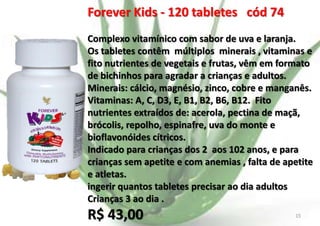 Forever Kids - 120 tabletes cód 74
Complexo vitamínico com sabor de uva e laranja.
Os tabletes contêm múltiplos minerais , vitaminas e
fito nutrientes de vegetais e frutas, vêm em formato
de bichinhos para agradar a crianças e adultos.
Minerais: cálcio, magnésio, zinco, cobre e manganês.
Vitaminas: A, C, D3, E, B1, B2, B6, B12. Fito
nutrientes extraídos de: acerola, pectina de maçã,
brócolis, repolho, espinafre, uva do monte e
bioflavonóides cítricos.
Indicado para crianças dos 2 aos 102 anos, e para
crianças sem apetite e com anemias , falta de apetite
e atletas.
ingerir quantos tabletes precisar ao dia adultos
Crianças 3 ao dia .

R$ 43,00

E.B.

15

 