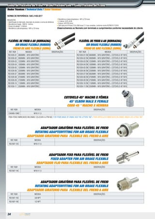 34
Cotovelo 45° Macho x Fêmea
45° Elbow Male x Female
Codo 45 ° Macho x Hembra
REF. RGR MEDIDA observações
CA0406-10MZ M16 x 1,5
PARA ITENS FABRICADOS EM ZAMAC COLOCAR A LETRA MZ / FOR ITEMS MADE OF ZAMAC ADD THE LETTERS “MZ” / PARA ARTICULOS FABRICADOS EN ZAMAC AÑADA LAS LETRAS “MZ”
ADAPTADOR GIRATÓRIO PARA FLEXÍVEL DE FREIO
ROTATING ADAPTERFITTING FOR AIR BRAKE FLEXIBLE
ADAPTADOR GIRATORIO PARA FLEXIBLE DEL FRENO A AIRE
REF. RGR MEDIDA observações
RG1007-12C M16 X 1,5
ADAPTADOR FIXO PARA FLEXÍVEL DE FREIO
FIXED ADAPTER FOR AIR BRAKE FLEXIBLE
ADAPTADOR FIJO PARA FLEXIBLE DEL FRENO A AIRE
REF. RGR MEDIDA observações
RG1007-14C M18 X 1,5
ADAPTADOR GIRATÓRIO PARA FLEXÍVEL DE FREIO
ROTATING ADAPTERFITTING FOR AIR BRAKE FLEXIBLE
ADAPTADOR GIRATORIO PARA FLEXIBLE DEL FRENO A AIRE
REF. RGR MEDIDA observações
RG1007-16C 3/8 NPT
RG1007-18C 1/2 NPT
Flexível de Freio a Ar (Borracha)
Air Brake Flexible (Rubber)
Freno de Aire Flexible (Goma)
REF. RGR MEDIDA observações
RG1039-01 0800MM – M16 GIRATÓRIO
RG1039-02 0900MM – M16 GIRATÓRIO
RG1039-03 1250MM – M16 GIRATÓRIO
RG1039-04 1000MM – M16 GIRATÓRIO
RG1039-05 1200MM – M16 GIRATÓRIO
RG1039-06 2200MM – M16 GIRATÓRIO
RG1039-07 0650MM – M16 GIRATÓRIO
RG1039-08 0700MM – M16 GIRATÓRIO
RG1039-09 2700MM – M16 GIRATÓRIO
RG1039-10 1100MM – M16 GIRATÓRIO
RG1039-11 2500MM – M16 GIRATÓRIO
Flexível de Freio a Ar (Borracha)
Air Brake Flexible (Rubber)
Freno de Aire Flexible (Goma)
REF. RGR MEDIDA observações
RG1039-01 EM 0800MM – M16 GIRATÓRIO + COTOVELO 45º M16
RG1039-02 EM 0900MM – M16 GIRATÓRIO + COTOVELO 45º M16
RG1039-03 EM 1250MM – M16 GIRATÓRIO + COTOVELO 45º M16
RG1039-04 EM 1000MM – M16 GIRATÓRIO + COTOVELO 45º M16
RG1039-05 EM 1200MM – M16 GIRATÓRIO + COTOVELO 45º M16
RG1039-06 EM 2200MM – M16 GIRATÓRIO + COTOVELO 45º M16
RG1039-07 EM 0650MM – M16 GIRATÓRIO + COTOVELO 45º M16
RG1039-08 EM 0700MM – M16 GIRATÓRIO + COTOVELO 45º M16
RG1039-09 EM 2700MM – M16 GIRATÓRIO + COTOVELO 45º M16
RG1039-10 EM 1100MM – M16 GIRATÓRIO + COTOVELO 45º M16
RG1039-11 EM 2500MM – M16 GIRATÓRIO + COTOVELO 45º M16
Dados Técnicos / Technical Data / Datos Técnicos:
Norma de referência: sae j1402:2017
Requisitos:
•Identificação do fabricante, descrição do produto e norma de referência.
•Resistência à tração: 1450 N - mínimo.
•Ensaio de adesão: 1,4 N/mm
•Resistência a alta temperatura: 100ºc à 70 horas
•Resistência a baixa temperatura: -40ºc à 70 horas
• Ø interno: 9,25 ±0,59
•Estouro: 870 psi (min)
•Salt spray de 24 horas c.B e 300 horas c. V nas conexões, conforme norma astm b117:2018
Desenvolvemos os flexíveis com terminais e cumprimentos conforme necessidade do cliente.
Linha de Flexíveis de Freio • Brake Flexible Line • Línea Flexible de Freno
 