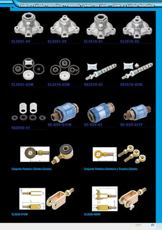 51
Cilindros e Válvulas Pneumáticas • Pneumatic Cylinders and Valves • Cilindros y Válvulas Neumáticas
CL3501-03M
REPARO ATUADOR
2.1/2 ANÉIS
CL3510-03M
REPARO ATUADOR
2.1/2 ANÉIS AMORTECEDOR
VA3570-01
KIT REPARO EIXO
VÁLVULA BOTÃO NOVA
VA3570-02M
KIT REPARO EIXO VÁLVULA
BOTÃO NOVA
CL3501-04
KIT REPARO ATUADOR
TAMPA DIANTEIRA
CL3501-05
KIT REPARO ATUADOR
TAMPA TRASEIRA
CL3510-01
KIT REPARO ATUADOR TAMPA
DIANTEIRA AMORTECEDOR
CL3510-02
KIT REPARO ATUADOR TAMPA
TRASEIRA AMORTECEDOR
CL3038-00EM
Ponteira Garfo M16 x 1, com pino, Graxeira, batente e
porcas (cjto completo)
Conjunto Ponteira Cilindro (Coxim)
CL3036-04EM 2.1/2 3T Ø (A) 13,5 x (B) 44 mm rosca 7/16 UNF
CL3036-05EM 2.1/2 3T Ø (A) 13,5 x (B) 80 mm rosca 7/16 UNF
CL3036-07EM 2.1/2 3T Ø (A) 12,1 x (B) 44 mm rosca 7/16 UNF
Conjunto Ponteira Dianteiro e Traseiro Cilindro
CL3036-01EM 2.1/2 3T Ø (A) 16,1 x (B) 37 mm rosca 7/16 unf
CL3036-02EM 2.1/2 3T Ø (A)16,1 x (B) 67 mm rosca 7/16 unf
CL3036-03EM 2.1/2 3T Ø (A)16,1 x (B) 72 mm rosca 7/16 unf
CL3038-01EM
Ponteira Garfo Cil de 2.1/2 3T
(A) 12,8mm (B) 97mm (C) 28mm (D) 17mm
VA2500-01
KIT REPARO
VÁLVULA DIRECIONAL
A
R P
VE-HSV-01FM
Válvula Deslizante
de Despressurização
Pneumática 1/8 BSP mxf
A
R P
VE-HSV-01
Válvula Deslizante
de Despressurização
Pneumática 1/8 BSP fxf
A
R P
VE-HSV-01FF
Válvula Deslizante
de Despressurização
Pneumática 1/8 BSP mxM
 