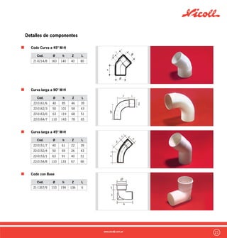 22
Detalles de componentes
Codo con 2 Acometidas
Cód. Ø d Z L h2
21-0238/4 110 63 72 63 175
Codo con 3 Acometidas
Ramal Simple a 87º30 M-H
Ramal Simple a 87º30 H-H
Cód. Ø h Z L1 L2 h2
21-0239/1 110 63 72 63 40 215
Cód. Ø h Z2 Z3 L2
21-0323/3 40 60 28 24 31 31
21-0324/0 50 67 37 29 34 34
21-0357/8 50/40 67 28 29 34 31
21-0348/6 63 92 45 29 42 42
21-0359/2 63/50 92 37 29 42 34
21-0325/7 110 149 86 52 63 63
21-0327/1 110/63 149 64 52 63 42
21-0326/4 110/50 149 59 52 63 34
Cód. Ø h L1 L2
21-0330/1 40 29 28 24 31 31
21-0331/8 50 33 37 29 34 34
21-0358/5 50/40 33 28 29 34 31
21-0335/6 63 50 45 29 42 42
21-0336/3 63/50 50 37 29 42 34
21-0332/5 110 86 86 52 63 63
21-0334/9 110/63 86 64 52 63 42
21-0333/2 110/50 86 59 52 63 34
 