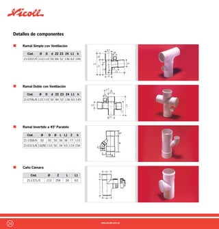 25
Detalles de componentes
Pileta de Piso 3 Entradas
Pileta de Piso Entradas Múltiples
Alta, Baja, Rejilla de PVC, Plateada y Dorada
Pileta de Piso Monoblock
Rejilla de PVC, Plateada y Dorada
Pileta de Piso Autolock
Rejilla de PVC, Plateada y Dorada
Cód. Ø Rejilla D d H A/B h
21-1370/8 63
100 x
100
116 40 182 104 113
Cód. Ø Rejilla D d H A/B h
21-0814/6 Baja PVC
21-0796/9 Baja Dor
21-0797/6 Baja Plat
63
100 x
100
133 40 175 104 95
21-0801/6 Alta PVC
21-0798/3 Alta Dor
21-0799/0 Alra Plat
63
100 x
100
133 40 150 104 95
Cód. Ø Rejilla D d d1/d2 H h
21-0780/8 PVC
21-0781/5 Dor
21-0782/2 Plat
63
100 x
100
131 40 40/50 155 94
21-0783/9 PVC
21-0784/6 Dor
21-0785/3 Plat
63
150 x
150
131 40 40/50 170 109
Cód. Ø Rejilla D d d1/d2 H h
21-0790/7 PVC
21-0791/4 Dor
21-0792/1 Plat
63
100 x
100
131 40 40/50 155 94
21-0793/8 PVC
21-0794/5 Dor
21-0795/2 Plat
63
150 x
150
131 40 40/50 170 109
 