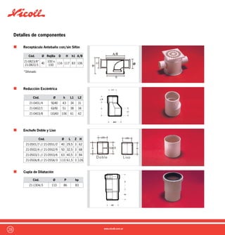 29
Detalles de componentes
Sombrerete
Tapa Hembra
Tapón con Rosca
Porta Rejilla Bajo
Cód. Ø D H
21-1807/9 63 105 92
21-1801/7 110 202 111
Cód. Ø L
21-1364/7 40 50
21-1365/4 50 52
21-1366/1 63 55
21-1814/7 110 29
Cód. Rejilla A/B D h
21-0824/5 100 x 100 106 104 40
21-0777/8 150x150 146 104 40
Cód. Ø L H
21-1108/5 110 24 46
 