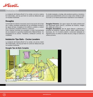 37
Desagüe Tipo de Cocina y Lavadero
.Instalación
Tuberias Suspendidas
Una instalación suspendida tipo del Sistema Nicoll 3,2 puede ser:
 