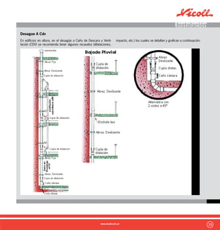 40
Generalidades // Reparaciones
La reparación de una tubería del Sistema Nicoll 3,2 de PVC es muy
sencilla, como el caso de cambiar un trozo de tubo roto o con fisuras
ocasionado por golpes accidentales.
Los pasos a seguir son los siguientes:
Cortar y Quitar el tramo de tubo deteriorado
Colocar una Cupla sin tope en cada extremo del corte. Cortar un tramo de
tubo nuevo de reemplazo y posicionarlo.
Lijar, Limpiar y Colocar adhesivo Nicoll en ambos extremos del solape.
Desplazar las cuplas. Dejar endurecer 1 hora.
Reparación terminada
 