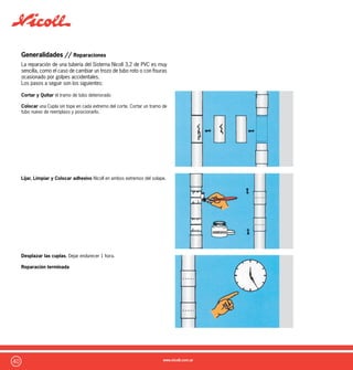 41
Generalidades // Recomendaciones
A. Carga y Transporte B. Descarga
C. Provisión y Manipuleo D. Almacenamiento
E. Prestar atención a la Dilatación de las tuberías F. No exponga al fuego los tubos. Use Curvas o Accesorios H-H
G. Colocación en Zanja
Seleccione el suelo de asiento y tapada, colóquelos en capas y
compáctelos (lecho, laterales y tapada) en forma independiente
y por sobre 15cm de tubería como mínimo.
 