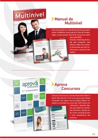 13
Essemanualpodeserusadodeduasformas:paraapre-
sentar o Qualificare, seus produtos e Plano de Compen-
sação, ou para acessar mais de 20 cursos que trazem
O Aprova Concursos é o site de preparatórios líder no
Brasil. São mais de 13 mil cursos para quem deseja
conquistar uma vaga no serviço público federal, es-
tadual ou municipal. Os cursos são 100% online com
Manual do
Multinível
Aprova
Concursos
tudo sobre MMN.
Entenda o Marketing de Atra-
ção para prospectar mais
clientes e saiba como utilizar
as ferramentas que irão con-
tribuir para o sucesso do seu
negócio.
videoaulas e apostilas digi-
tais que podem ser acessa-
das facilmente, quantas ve-
zes forem necessárias para
o total entendimento dos
assuntos.
13
 