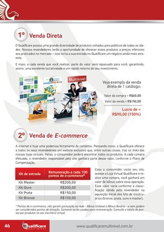 www.qualificaremultinivel.com.br46
Venda Direta
O Qualificare possui uma grande diversidade de produtos voltados para públicos de todas as ida-
des. Nossos revendedores terão a oportunidade de oferecer esses produtos a preços inferiores
aos praticados no mercado – isso torna a sua entrada no Qualificare um negócio ainda mais atra-
ente.
E mais: a cada venda que você realizar, parte do valor será repassado para você, garantindo,
assim, uma excelente lucratividade e um rápido retorno do seu investimento.
Venda de E-commerce
A internet é hoje uma poderosa ferramenta de comércio. Pensando nisso, o Qualificare oferece
a todos os seus revendedores um website exclusivo que, entre outras coisas, traz os links das
nossas lojas virtuais. Nelas, o consumidor poderá encontrar todos os produtos. A cada compra
efetuada, o revendedor responsável pelo site ganhará parte desse valor, conforme o Plano de
Compensação.
Veja exemplo da venda
direta de 1 catálogo:
Valor da compra = R$60,00
Valor da venda = R$150,00
Lucro de =
R$90,00 (150%)
Caso o consumidor visite seu site,
acesse a Loja Virtual Qualificare e re-
alize uma compra, você ganhará um
valor de bônus sobre essa operação.
Esse valor varia conforme a classi-
ficação obtida pelo revendedor na
aquisição inicial dos kits de mostru-
ários (bronze, prata, ouro e master).
* Pontos de e-commerce, não geram pontuação na rede - Bônus Unilevel e Bônus Binário - e nem podem
ser considerados pontos de ativação. Somente serão usados para remuneração. Consulte a tabela de pon-
tos por produtos no seu escritório virtual.
 