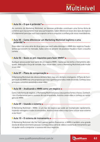 63www.qualificaremultinivel.com.br
Aula 04 – O que é pirâmide?
Ao contrário do Marketing Multinível, as famosas pirâmides constituem uma forma ilícita de
comércio que visa somente lesar seus participantes. Saber diferenciar esses dois tipos de negócio
é fundamental para que você faça a aposta certa e conquiste a confiança de novos revendedores.
Aula 05 – Como diferenciar um Marketing Multinível legítimo e uma
pirâmide?
Esse vídeo traz uma série de dicas para que você saiba distinguir o MMN dos negócios fraudu-
lentos que existem no mercado. Saiba como se prevenir de possíveis fraudes e fazer a escolha
correta.
Aula 06 – Quais os pré-requisitos para fazer MMN?
Qualquer pessoa pode fazer parte de um negócio MMN – basta que ela tenha o treinamento ade-
quado, dedicação e força de vontade. Veja, nesse vídeo, como o Marketing Multinível pode mudar
a sua vida!
Aula 07 – Plano de compensação
O Marketing Multinível não oferece dinheiro fácil, mas sim, dinheiro inteligente. O Plano de Com-
pensação do MMN traz uma proposta que visa a ganhos para toda a rede envolvida. Conheça seus
principais conceitos assistindo a esse vídeo.
Aula 08 – Analisando o MMN como um negócio
Como toda forma de negócio, o Marketing Multinível possui seus pontos fortes e fracos. Conhecê-
-los é fundamental para o sucesso de sua empreitada. Assista a esse vídeo e conheça as vanta-
gens do MMN.
Aula 09 – Usando o sistema
O Marketing Multinível – MMN – é um tipo de negócio que pode ser multiplicado rapidamente,
trazendo vantagens a todos os envolvidos. Assista a esse vídeo e veja como utilizar esse sistema
a seu favor!
Aula 10 – O sistema de treinamento
O Marketing Multinível não lhe trará apenas ganhos financeiros: o MMN é também uma grande
escola de desenvolvimento pessoal. Conheça nessa série de vídeos o sistema de treinamento que
irá ajudar você a conquistar o sucesso nos seus negócios.
 
