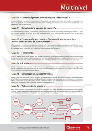 71www.qualificaremultinivel.com.br
Página
Captura
Conversões
Redes
Sociais
Conteúdo
Blog
Vídeo
Marketing
Google
Website
Autoresponder
Autoresponder
Autoresponder
Autoresponder
Autoresponder
Aula 10 – Como divulgar meu website/blog nas redes socias?
As redes sociais são importantes ferramentas para a divulgação do seu negócio. Nesse vídeo, você vai saber como utilizar o You-
Tube na divulgação do seu website, além de aprender a criar uma fan page no Facebook e inserir anúncios de publicidade nessa
que é a maior rede social do mundo.
Aula 11 – Como funciona a página de captura?
Para o sucesso do seu negócio, é fundamental transformar os visitantes de suas páginas em potenciais clientes – e isso é
feito por meio da página de captura. Nessa aula, você vai entender como funciona essa ferramenta e como torná-la ainda
mais atraente e eficiente.
Aula 12 – Como transformar uma lista fria e qualificada em uma lista
quente com o sistema de Autoresponder?
O Autoresponder é um sistema automático de envio de e-mails marketing personalizados que irá ajudar você a divulgar seu ne-
gócio e construir um relacionamento com seus prospects. Esse vídeo traz algumas técnicas de como produzir e-mails marketing
de qualidade e, assim, transformar seus clientes em potencial em parceiros de negócio.
Aula 13 – Fechamento
Como em qualquer outro tipo de negócio, nem sempre o fechamento ocorre na primeira oportunidade, mas com o domínio das
técnicas corretas, suas chances de sucesso são praticamente garantidas. Essa videoaula mostrará a você como se tornar um ótimo
vendedor, utilizando as mais variadas formas de fechamento, como dupla alternativa, amarração, envolvimento, entre outras.
Aula 14 – Oratória
Aprenda a arte de falar bem em público e saiba como ser mais objetivo e seguro no momento de prospectar pessoas. Alguns deta-
lhes são fundamentais para uma comunicação eficaz, por isso, essa videoaula traz dicas preciosas para que você consiga se expres-
sar com clareza na hora de apresentar seu negócio.
Aula 15 – Como fazer uma webconferência
Aprenda a fazer uma reunião pela internet. Apresente para seus prospectos detalhes de uma oportunidade ou treine sua equipe em
tempo real, sem necessidade de deslocamento. Essa videoaula mostra quais são os principais recursos utilizados em uma webcon-
ferência e como utilizá-los da melhor forma possível. Saiba quais software usar, como divulgar e como se comportar para ser um
exemplo para os convidados que, futuramente, também farão webconferências.
Aula 16 – Webconferência tutorial
Nessa videoaula confira o passo a passo para utilizar um site no qual você poderá realizar reuniões online. Saiba como começar a
configurar sua sala de webconferência. Conheça as ferramentas disponíveis no site, aprenda a usar vídeos, chat, slides, compartilha-
mento de tela, audioconferência e gravação para fazer uma reunião dinâmica e eficaz.
 