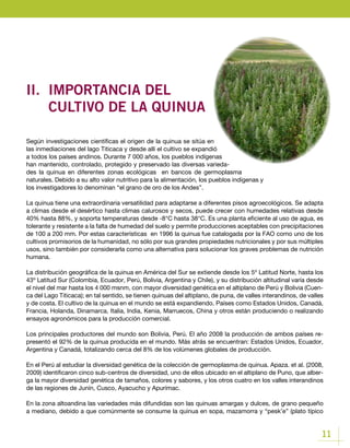 11
II.	 IMPORTANCIA DEL
	 CULTIVO DE LA QUINUA
Según investigaciones científicas el origen de la quinua se sitúa en
las inmediaciones del lago Titicaca y desde allí el cultivo se expandió
a todos los países andinos. Durante 7 000 años, los pueblos indígenas
han mantenido, controlado, protegido y preservado las diversas varieda-
des la quinua en diferentes zonas ecológicas en bancos de germoplasma
naturales. Debido a su alto valor nutritivo para la alimentación, los pueblos indígenas y
los investigadores lo denominan “el grano de oro de los Andes”.
La quinua tiene una extraordinaria versatilidad para adaptarse a diferentes pisos agroecológicos. Se adapta
a climas desde el desértico hasta climas calurosos y secos, puede crecer con humedades relativas desde
40% hasta 88%, y soporta temperaturas desde -8°C hasta 38°C. Es una planta eficiente al uso de agua, es
tolerante y resistente a la falta de humedad del suelo y permite producciones aceptables con precipitaciones
de 100 a 200 mm. Por estas características en 1996 la quinua fue catalogada por la FAO como uno de los
cultivos promisorios de la humanidad, no sólo por sus grandes propiedades nutricionales y por sus múltiples
usos, sino también por considerarla como una alternativa para solucionar los graves problemas de nutrición
humana.
La distribución geográfica de la quinua en América del Sur se extiende desde los 5º Latitud Norte, hasta los
43º Latitud Sur (Colombia, Ecuador, Perú, Bolivia, Argentina y Chile), y su distribución altitudinal varía desde
el nivel del mar hasta los 4 000 msnm, con mayor diversidad genética en el altiplano de Perú y Bolivia (Cuen-
ca del Lago Titicaca); en tal sentido, se tienen quinuas del altiplano, de puna, de valles interandinos, de valles
y de costa. El cultivo de la quinua en el mundo se está expandiendo. Países como Estados Unidos, Canadá,
Francia, Holanda, Dinamarca, Italia, India, Kenia, Marruecos, China y otros están produciendo o realizando
ensayos agronómicos para la producción comercial.
Los principales productores del mundo son Bolivia, Perú. El año 2008 la producción de ambos países re-
presentó el 92% de la quinua producida en el mundo. Más atrás se encuentran: Estados Unidos, Ecuador,
Argentina y Canadá, totalizando cerca del 8% de los volúmenes globales de producción.
En el Perú al estudiar la diversidad genética de la colección de germoplasma de quinua. Apaza. et al. (2008,
2009) identificaron cinco sub-centros de diversidad, uno de ellos ubicado en el altiplano de Puno, que alber-
ga la mayor diversidad genética de tamaños, colores y sabores, y los otros cuatro en los valles interandinos
de las regiones de Junín, Cusco, Ayacucho y Apurímac.
En la zona altoandina las variedades más difundidas son las quinuas amargas y dulces, de grano pequeño
a mediano, debido a que comúnmente se consume la quinua en sopa, mazamorra y “pesk’e” (plato típico
 